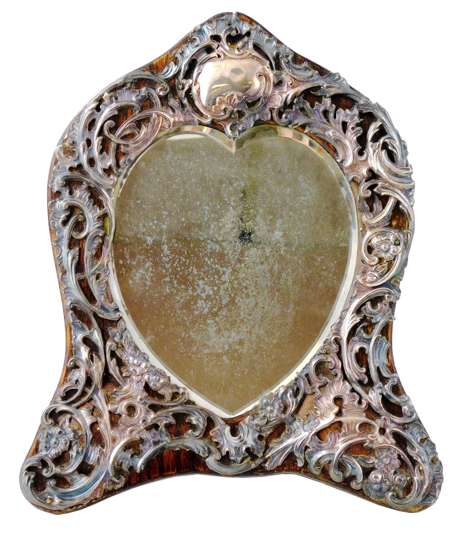 SILVER: English silver repousse mounted mirror, London, 1904, reticulated sterling overlay on oak (1 of 5)
