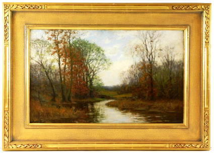 William Merritt Post (American, 1856 - 1935), "Autumn Landscape", oil on canvas, autumn landscape: William Merritt Post (American, 1856 - 1935), "Autumn Landscape", oil on canvas, autumn landscape with meandering brook leading up to low foot bridge in distance, signed lower left "W. Merritt Post",