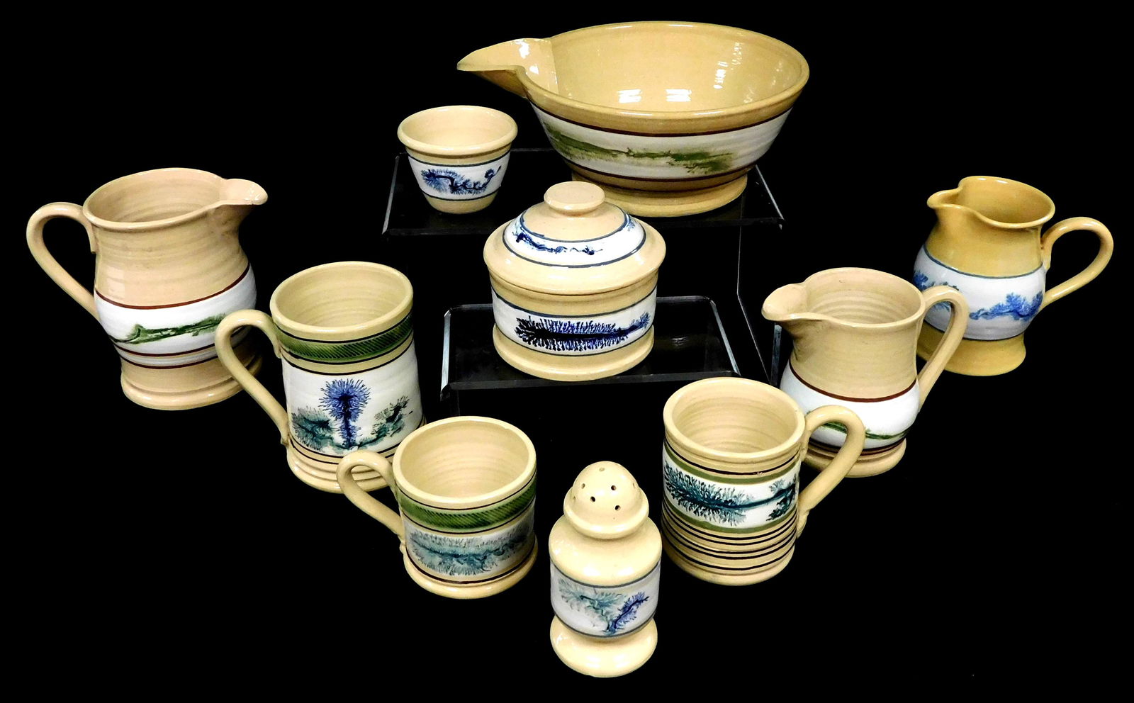 Ten pieces of 20th C. Yellowware, East Knoll Pottery (Torrington CT) six pieces with green band and (1 of 4)