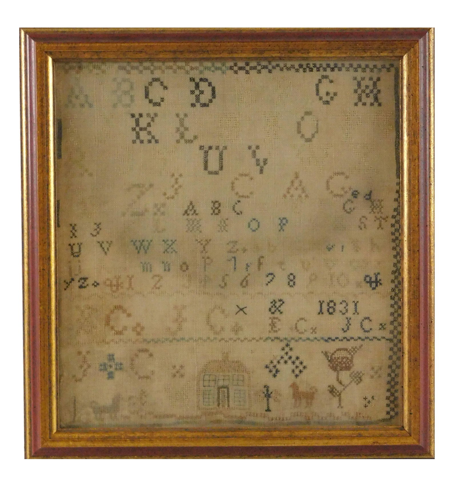 SAMPLER: Alpha-Numeric sampler dated 1831, house and animals in lower margin, framed and matted (1 of 2)