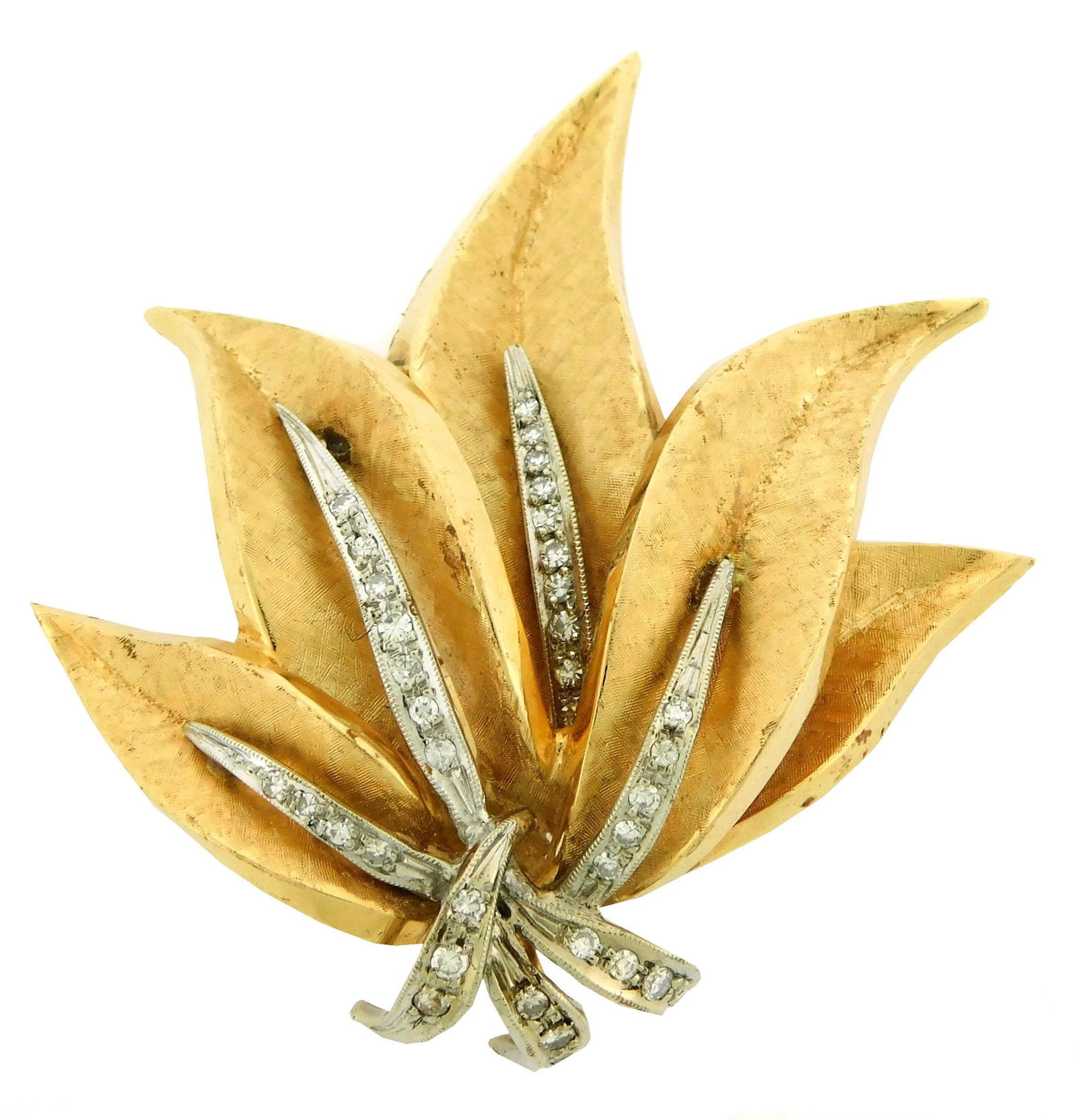 JEWELRY: Tested 14K two tone diamond leaf brooch with cross hatched finish and milgrain details, (1 of 4)