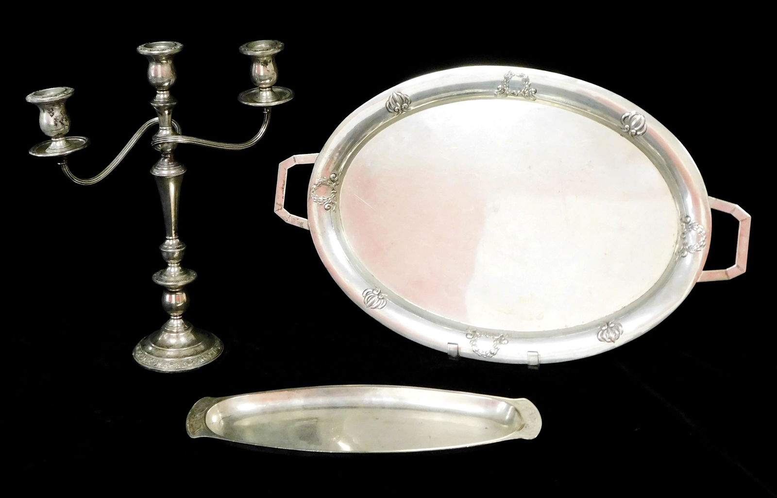 SILVER: Three table top items including a large tray with open handles and ornamentation along rim, (1 of 4)