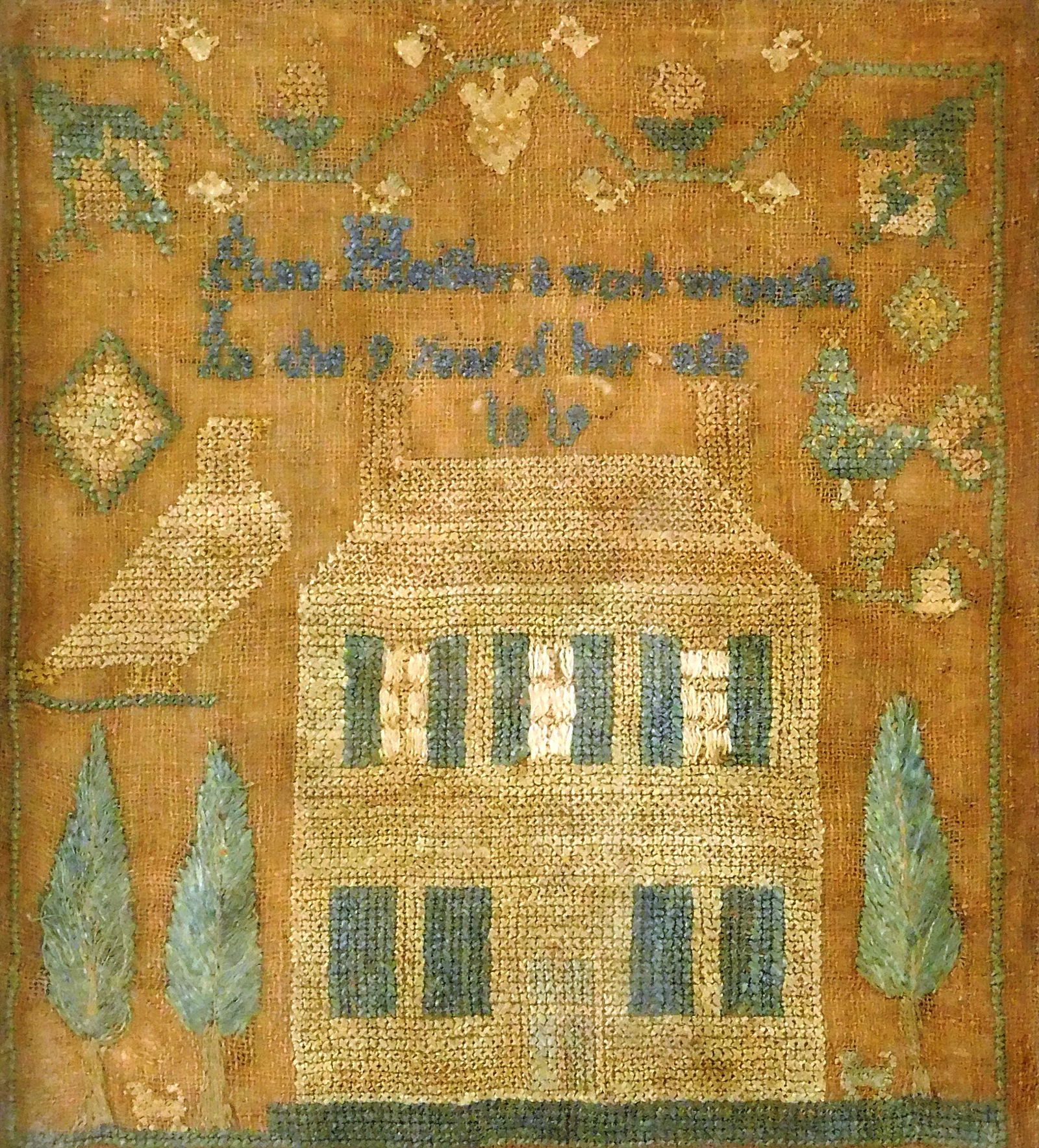SAMPLER: 19th C. framed sampler signed and dated "Ann Heisler, 1819", silk on linen, cross-stitched, (1 of 2)