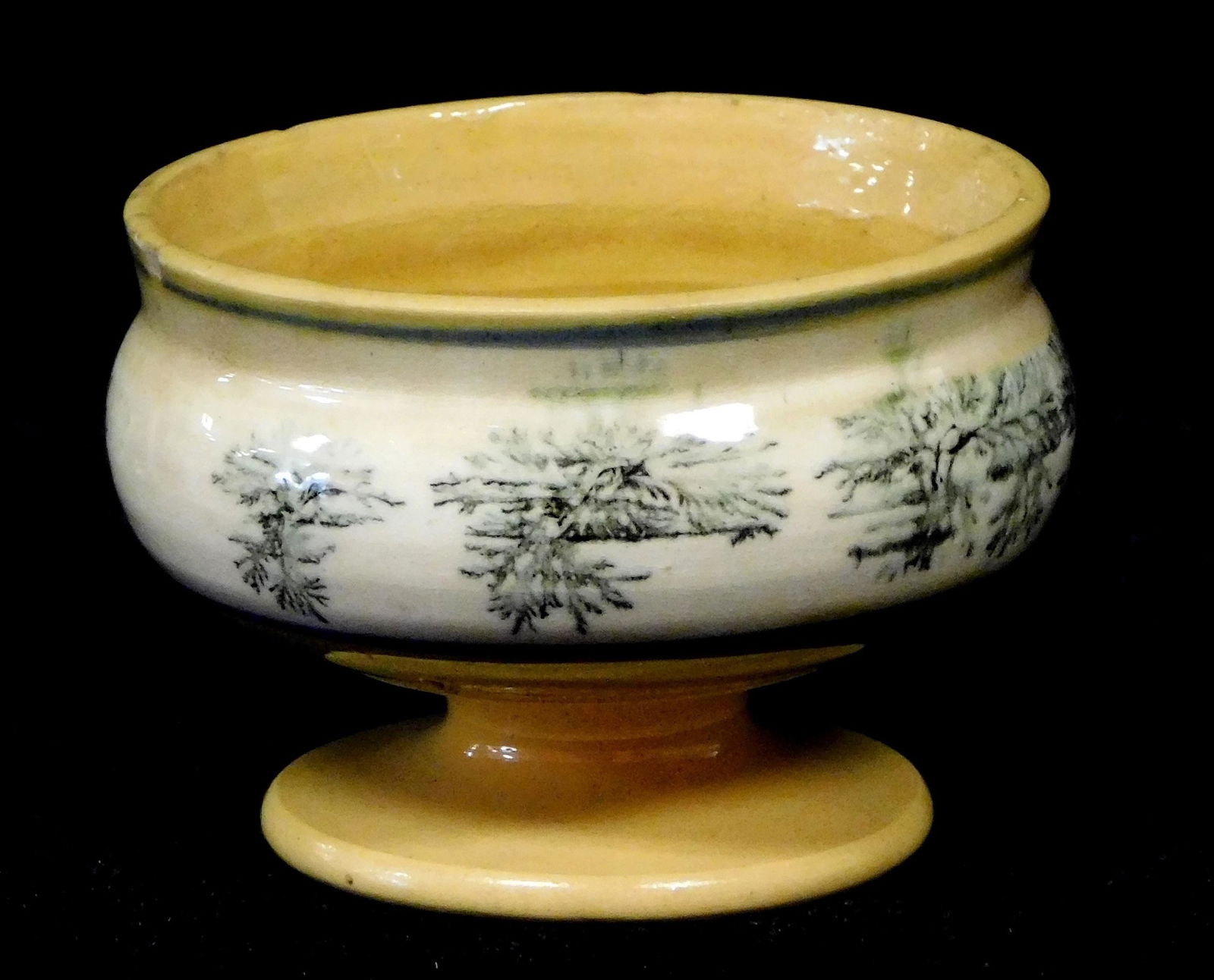 Yellowware open salt holder, late 19th/ early 20th C., white band boarded with blue, green "mocha" (1 of 6)