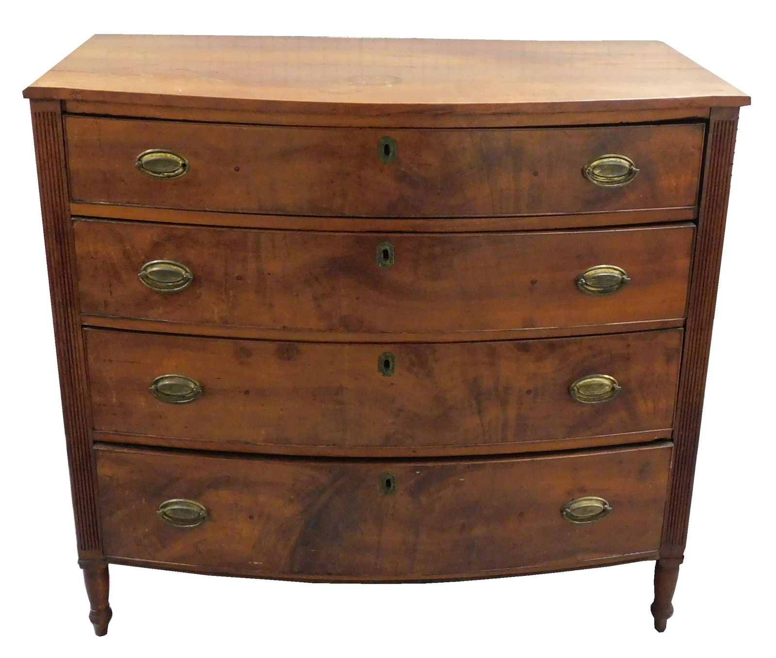 Chest of four drawers, American Federal, early 19th C., cherry with pine secondary, shaped top over (1 of 2)