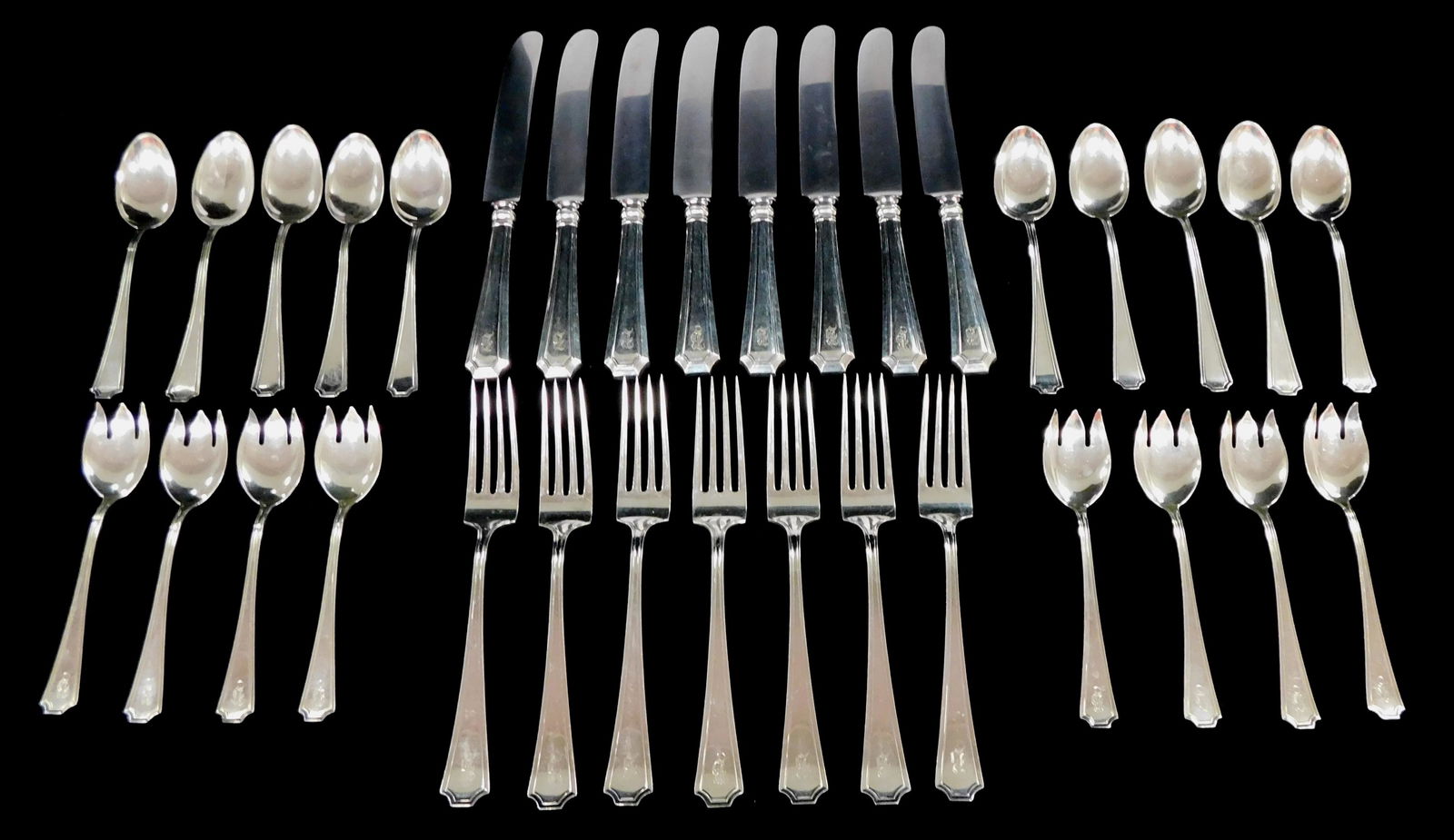 STERLING: Thirty-three pieces of "Fairfax" pattern by Durgin/ Gorham, c. 1910, all but teaspoons (1 of 2)