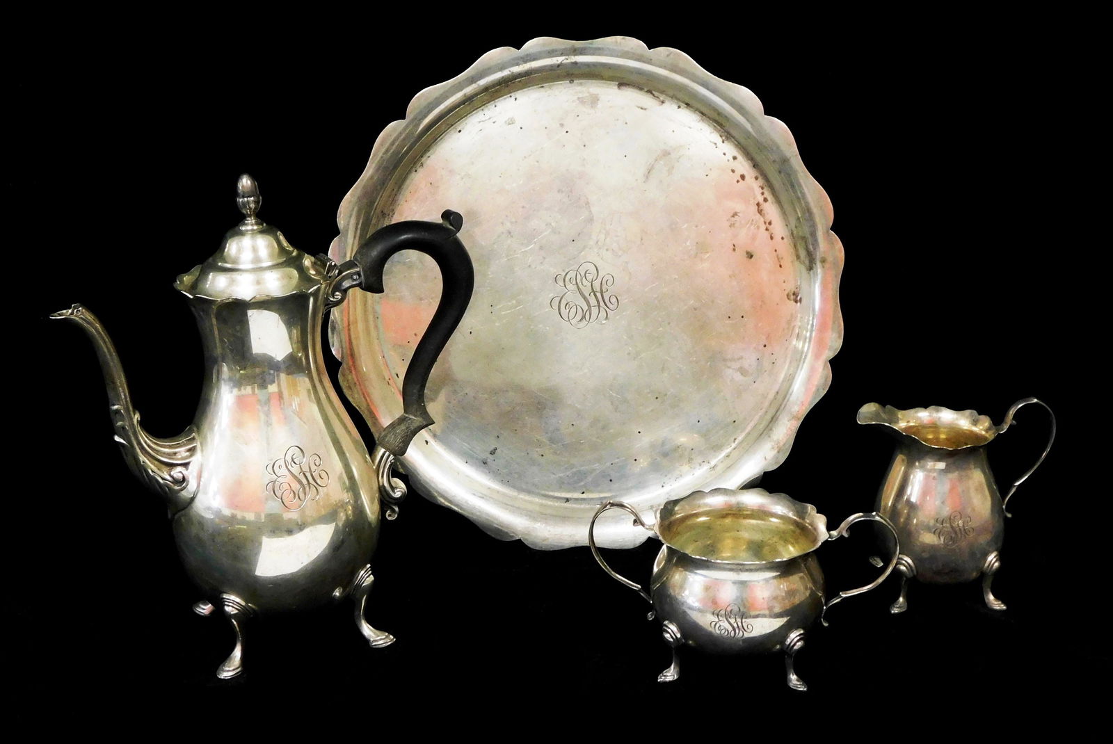 STERLING: Cartier sterling silver tea set, four pieces, all stamped on base, details include: (1 of 3)