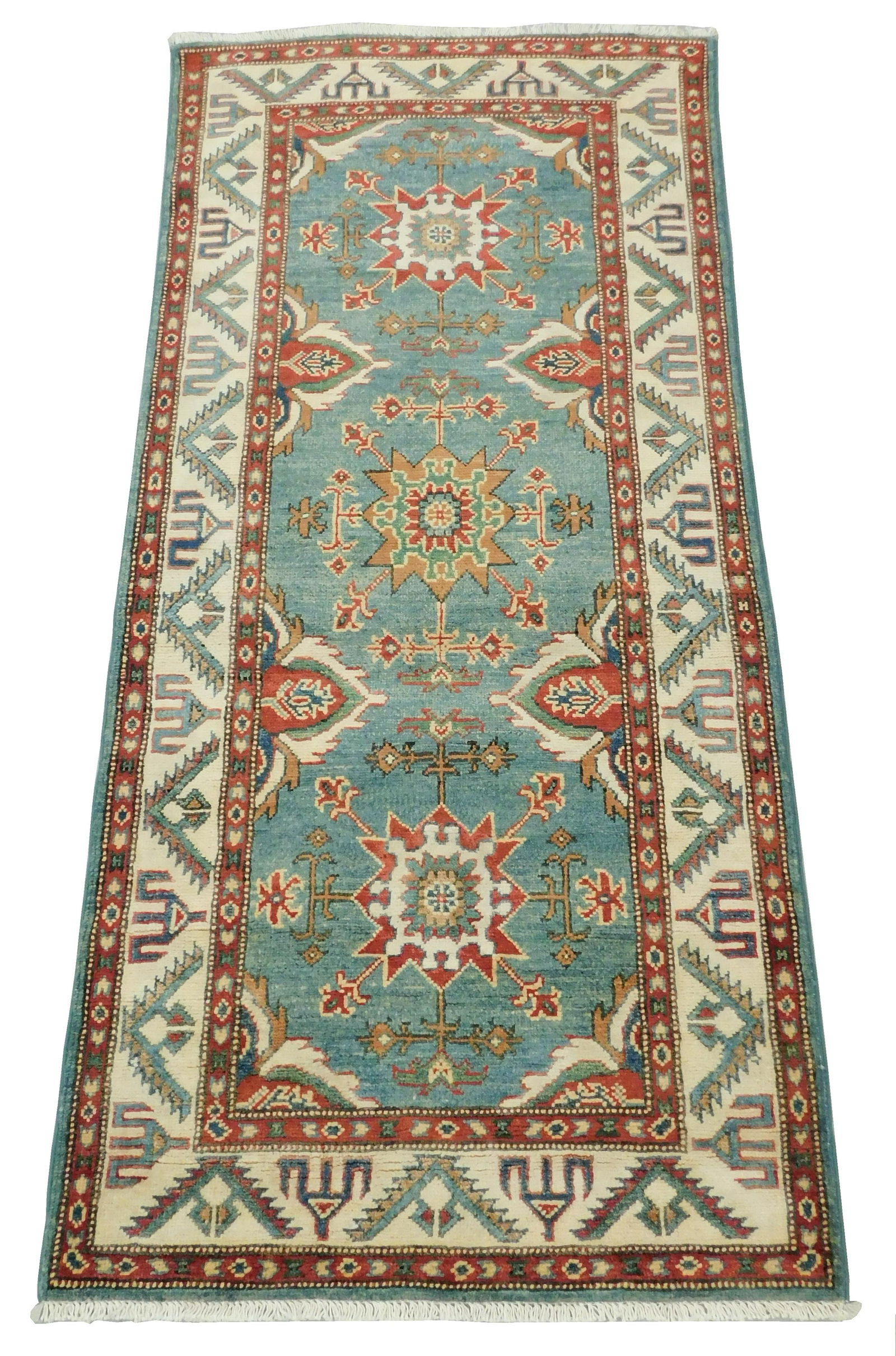 RUG: Uzbek Kazak, 2' 9" x 6', hand-woven, 100% wool, blue field, red and cream accents, light wear (1 of 4)