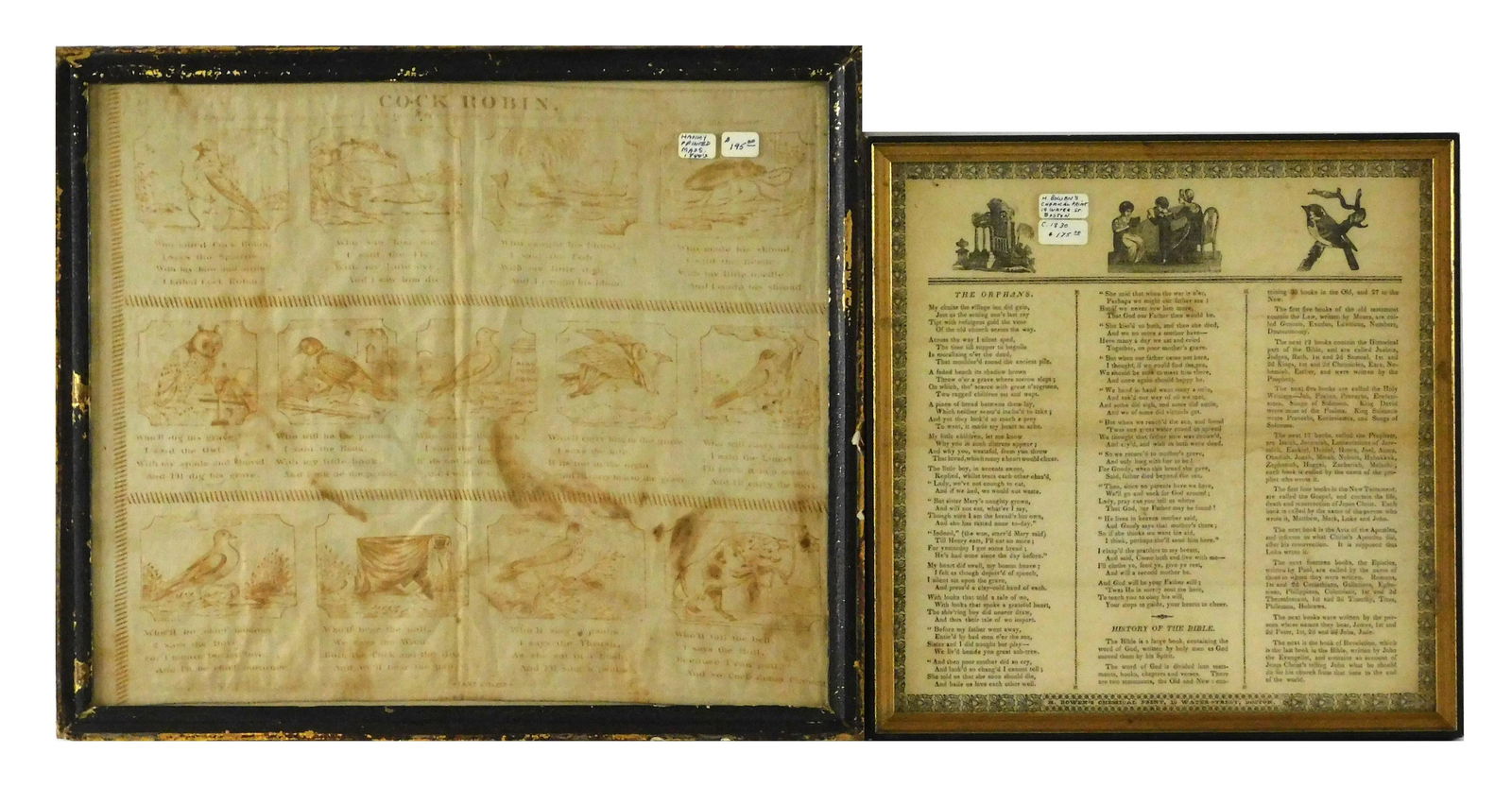 Two framed 19th C. American handkerchiefs, including: "The Orphans", c. 1820-1830, printed cotton (1 of 3)