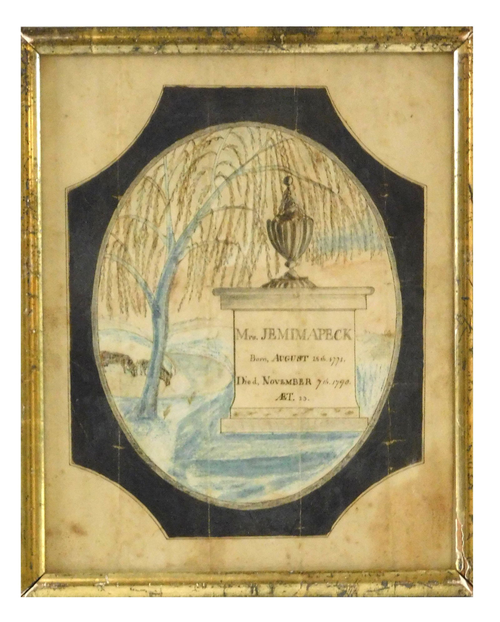 American Folk Art, 18th C. Memorial drawing, watercolor and ink on paper, depicts willow tree bent (1 of 2)