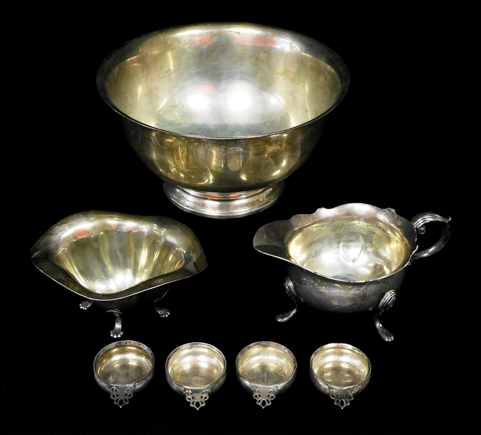 STERLING: Seven pieces of hollowware, including a Revere style bowl, 9 1/4" diam, 5" h.; a footed (1 of 5)