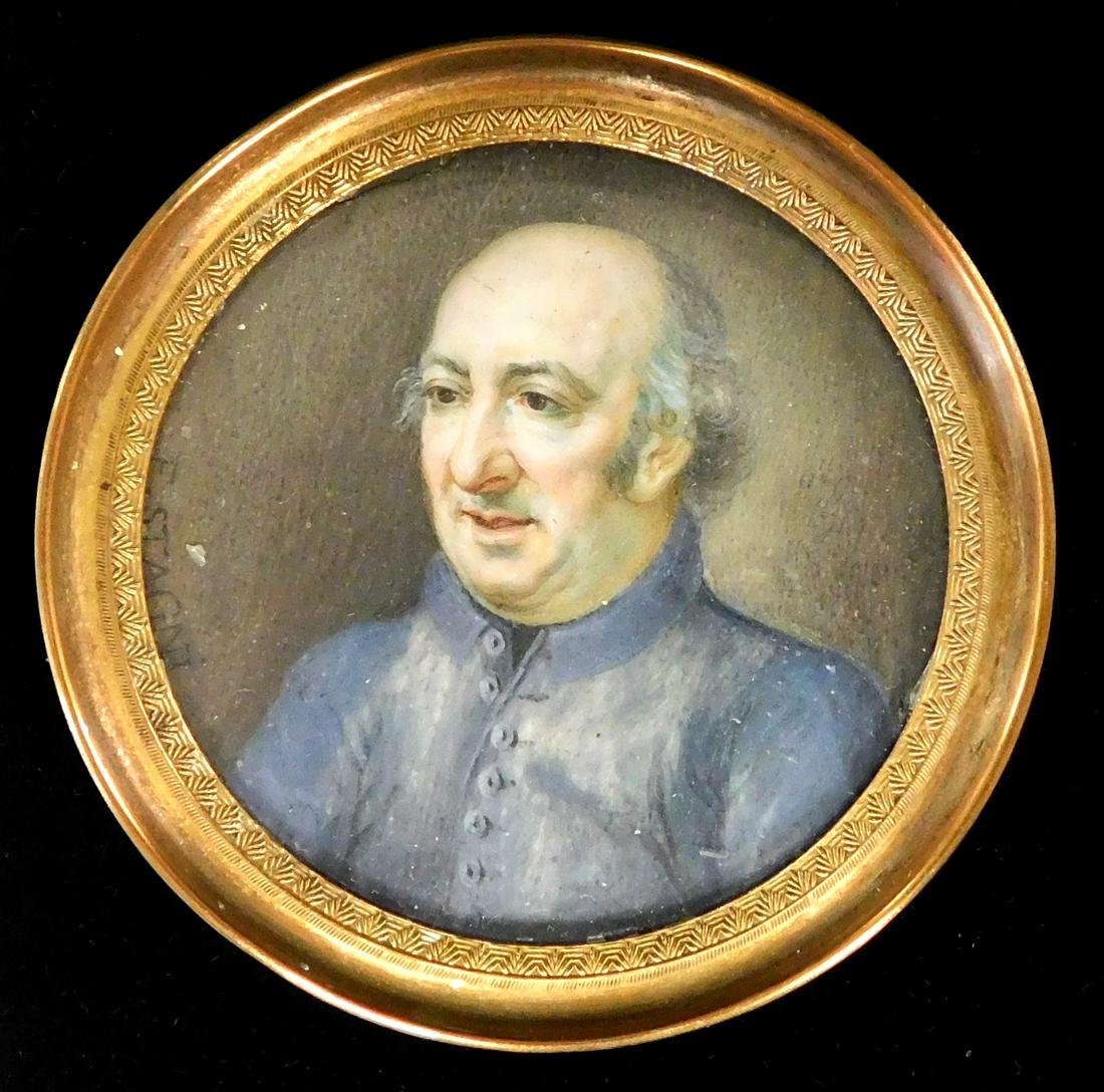 MINIATURE: Gentleman, round support, bald crown and grey haired gentleman in blue jacket, signed (1 of 2)