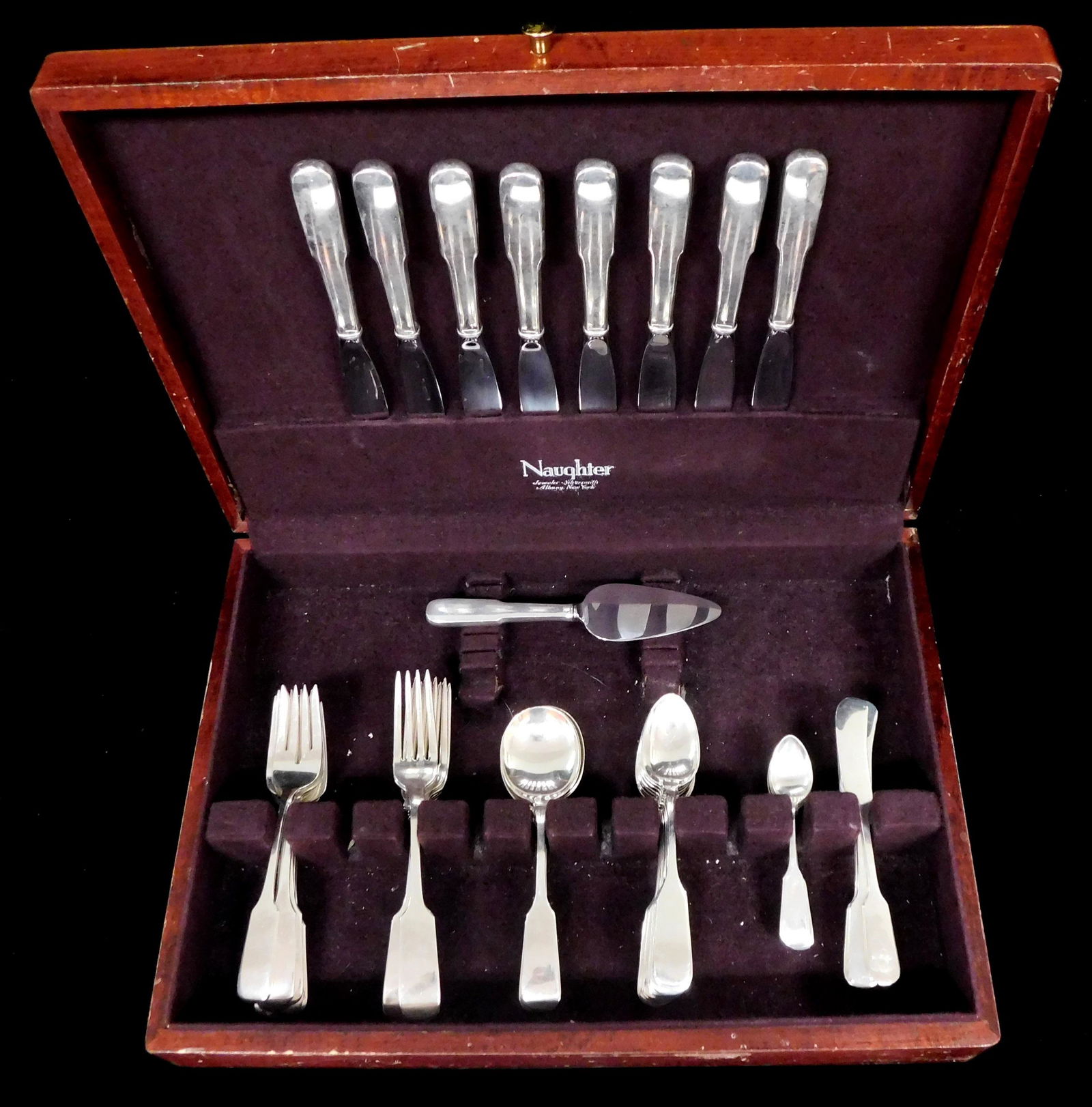 STERLING: "Old English Tipt" by Gorham, pat. 1870, sixty pieces of sterling silver flatware in wood (1 of 2)