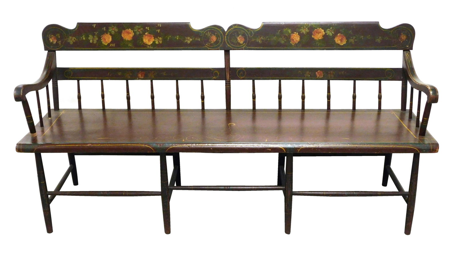 Bench, Windsor, Pennsylvania, early 19th c., early paint and decoration, shaped crest rail over (1 of 3)