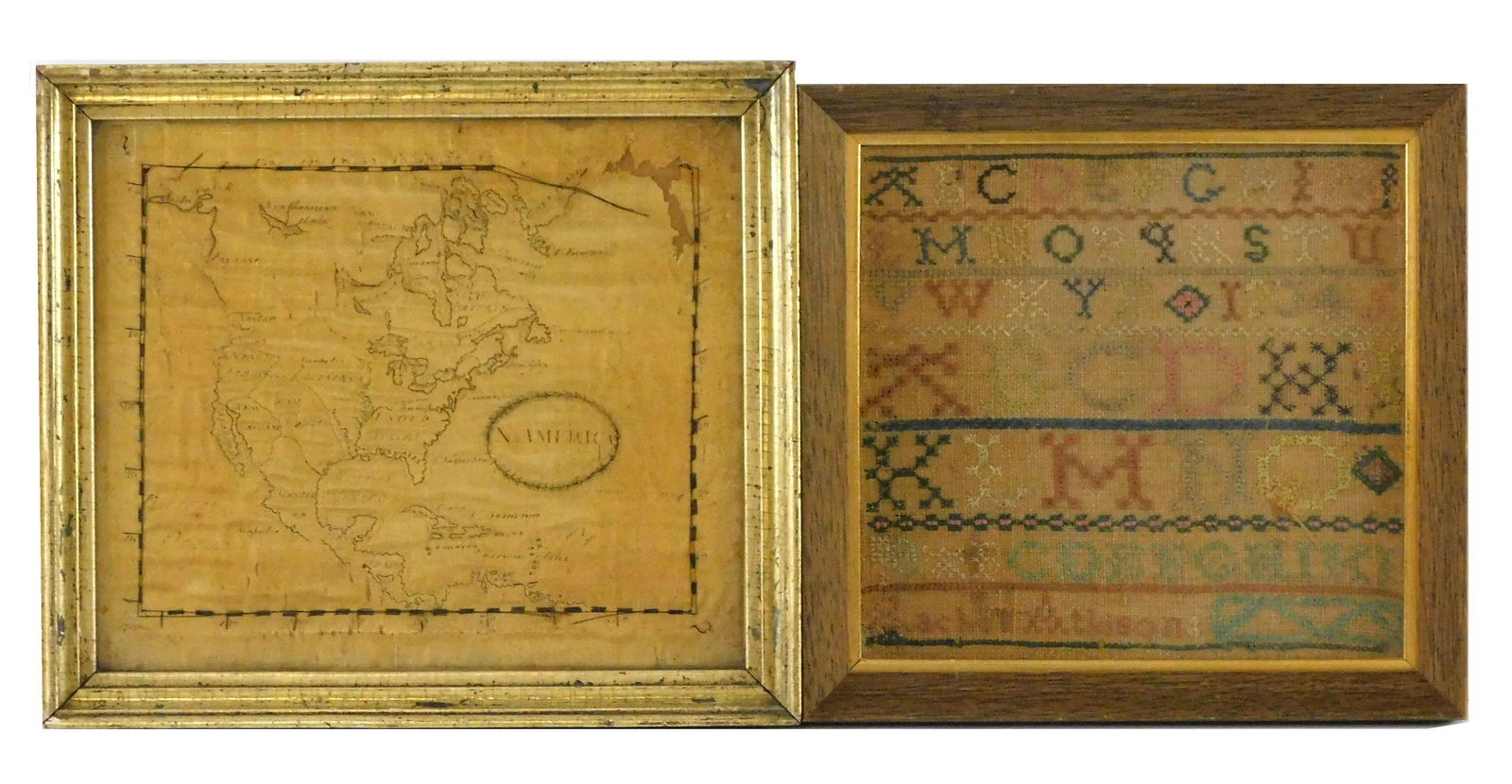 Two late 18th/ 19th C. needleworks, one signed schoolgirl sampler and one embroidered map of North (1 of 3)