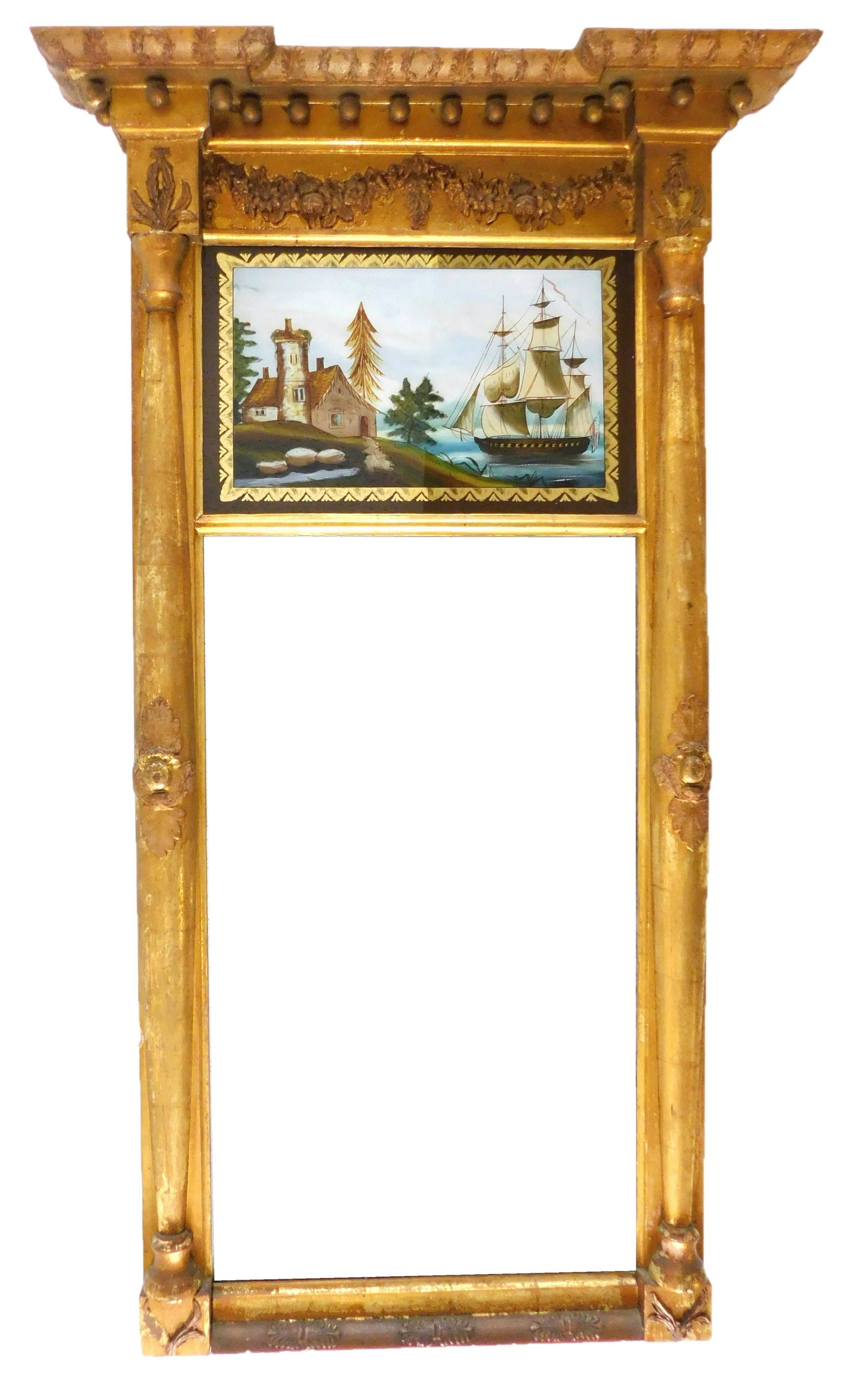 Wall mirror, English, late 18th/early 19th C., gilt frame, projecting cornice over ball drops, (1 of 3)