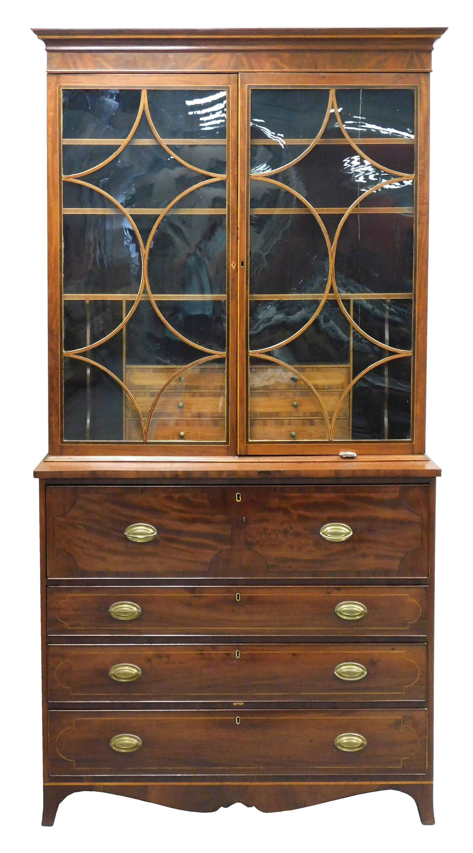 Desk bookcase, American c. 1800, in two parts, mahogany and mahogany veneer, pine, Yellow Poplar, (1 of 6)
