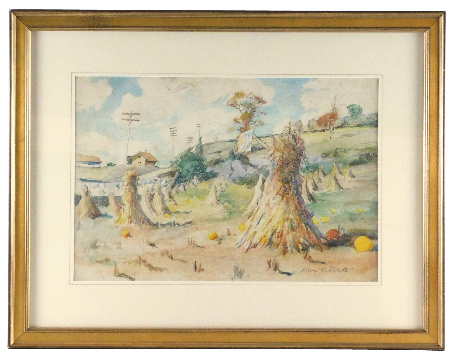 +Allen Butler Talcott (American 1867 - 1908), "Haystacks and Pumpkins", watercolor on paper, tall (1 of 3)
