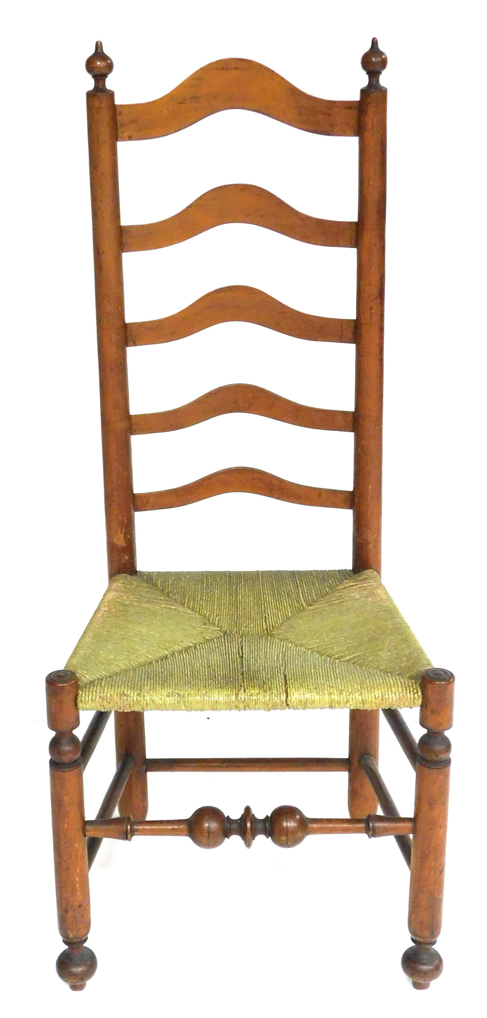Side chair, Delaware Valley, 18th C., ladder back with five arched, graduated slats, turned finials, (1 of 5)
