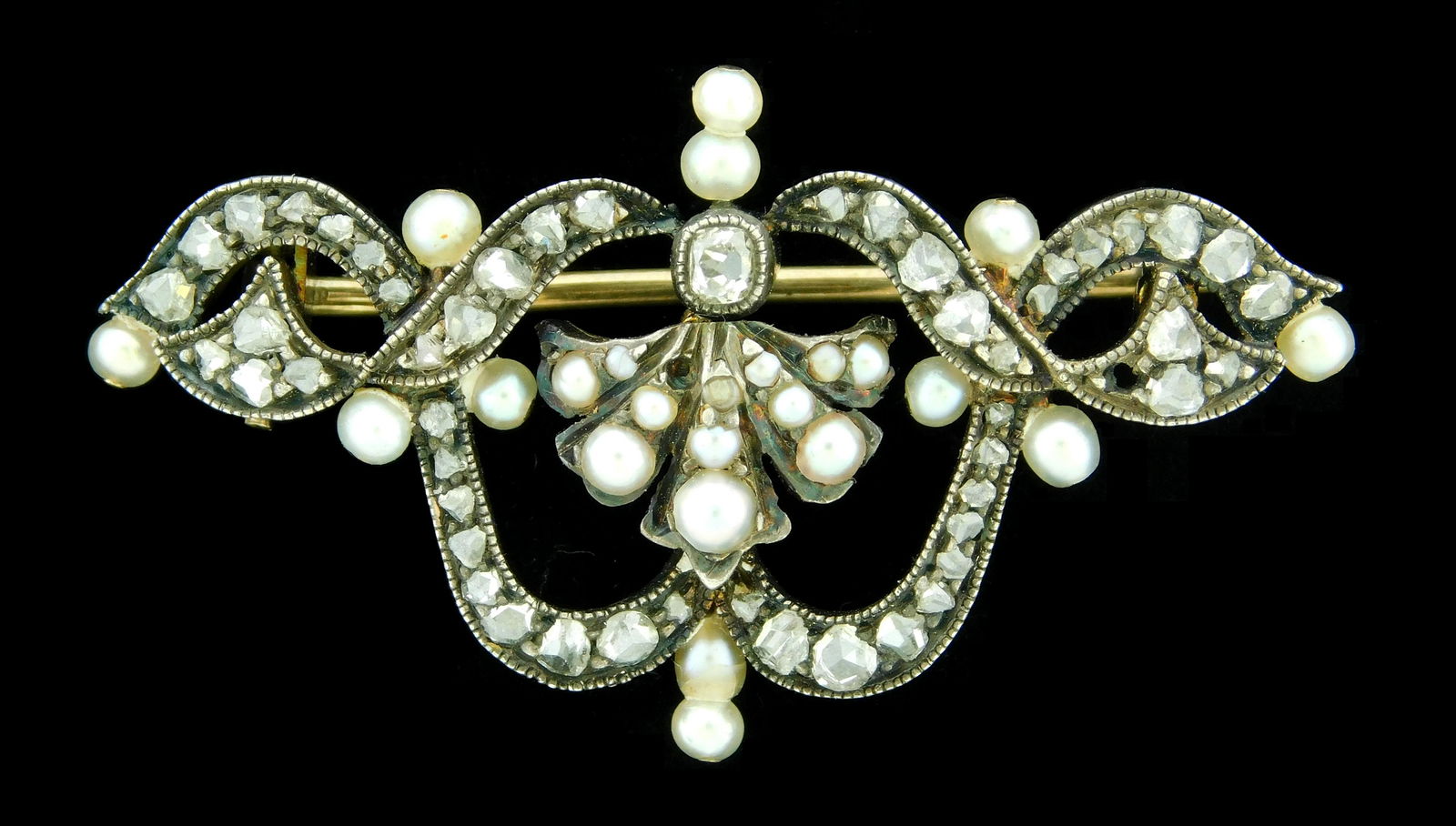 JEWELRY: Victorian Belle Epoque 14K and silver, diamond and pearl pin, tested 14K yellow gold with (1 of 2)