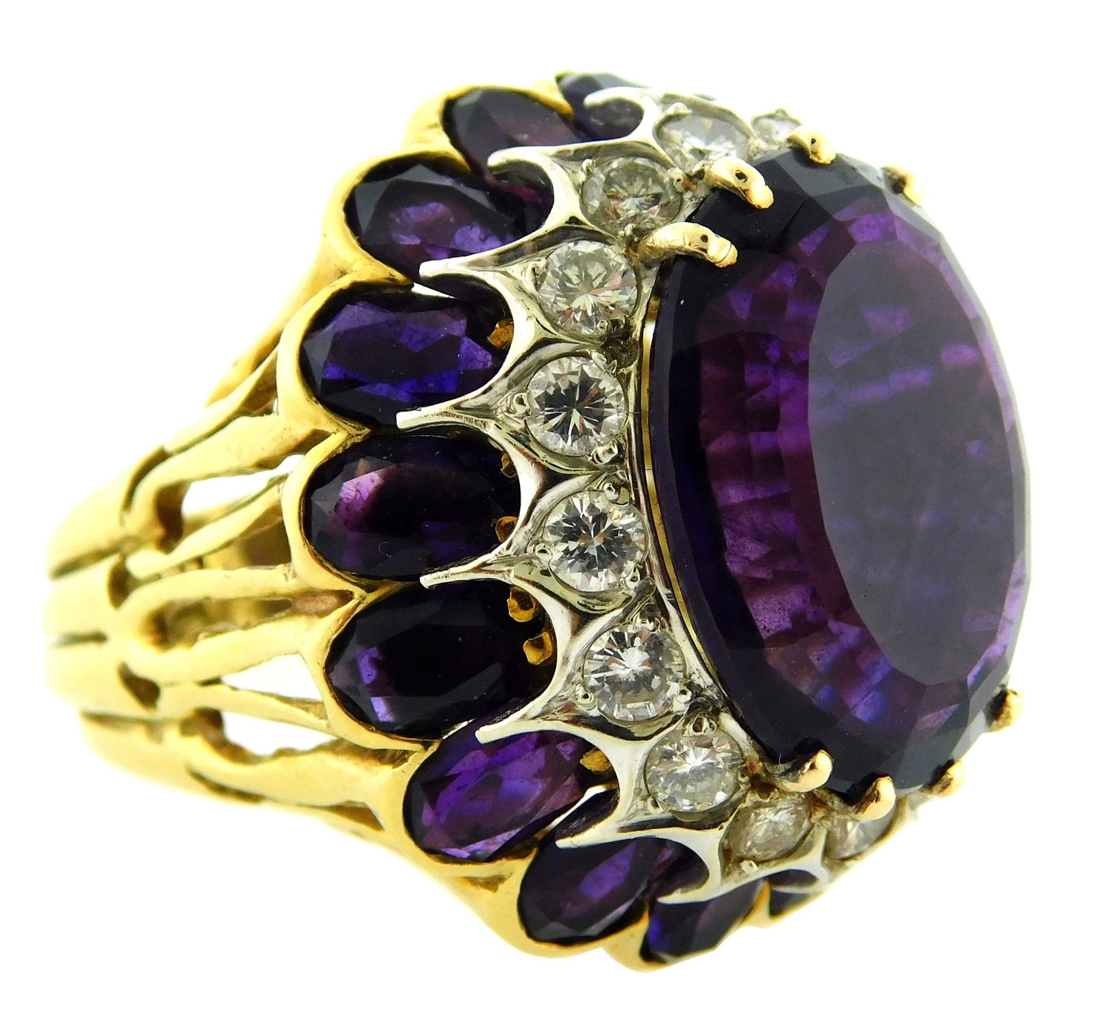 JEWELRY: 18K yellow gold dome amethyst & diamond ring, tested 18K, measuring 25 x 23 mm across the (1 of 5)