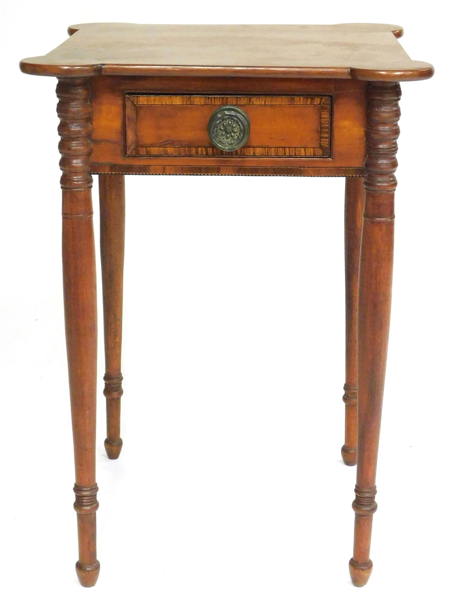 Single drawer stand, New England, c. 1810, cherry, square top with four projecting ovolo "porringer" (1 of 4)