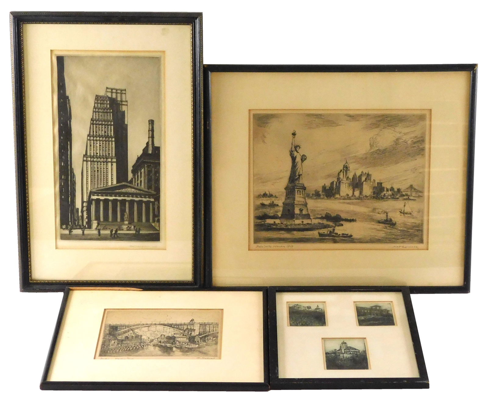 Four NYC themed prints, Nat Lowell (United States 1880-1956), "New York Harbor 1909", etching, c. (1 of 8)