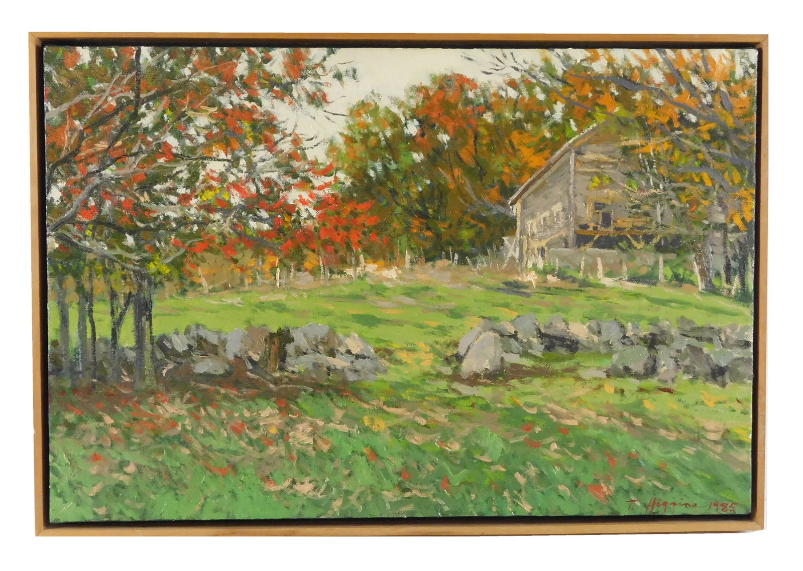 J. Thomas R. Higgins (American, b. 1943), "Mosher Hill, October", 1985, oil on linen, impressionist: J. Thomas R. Higgins (American, b. 1943), "Mosher Hill, October", 1985, oil on linen, impressionist fall landscape, rock wall with barn beyond, signed and dated lower right corner, framed, inscription