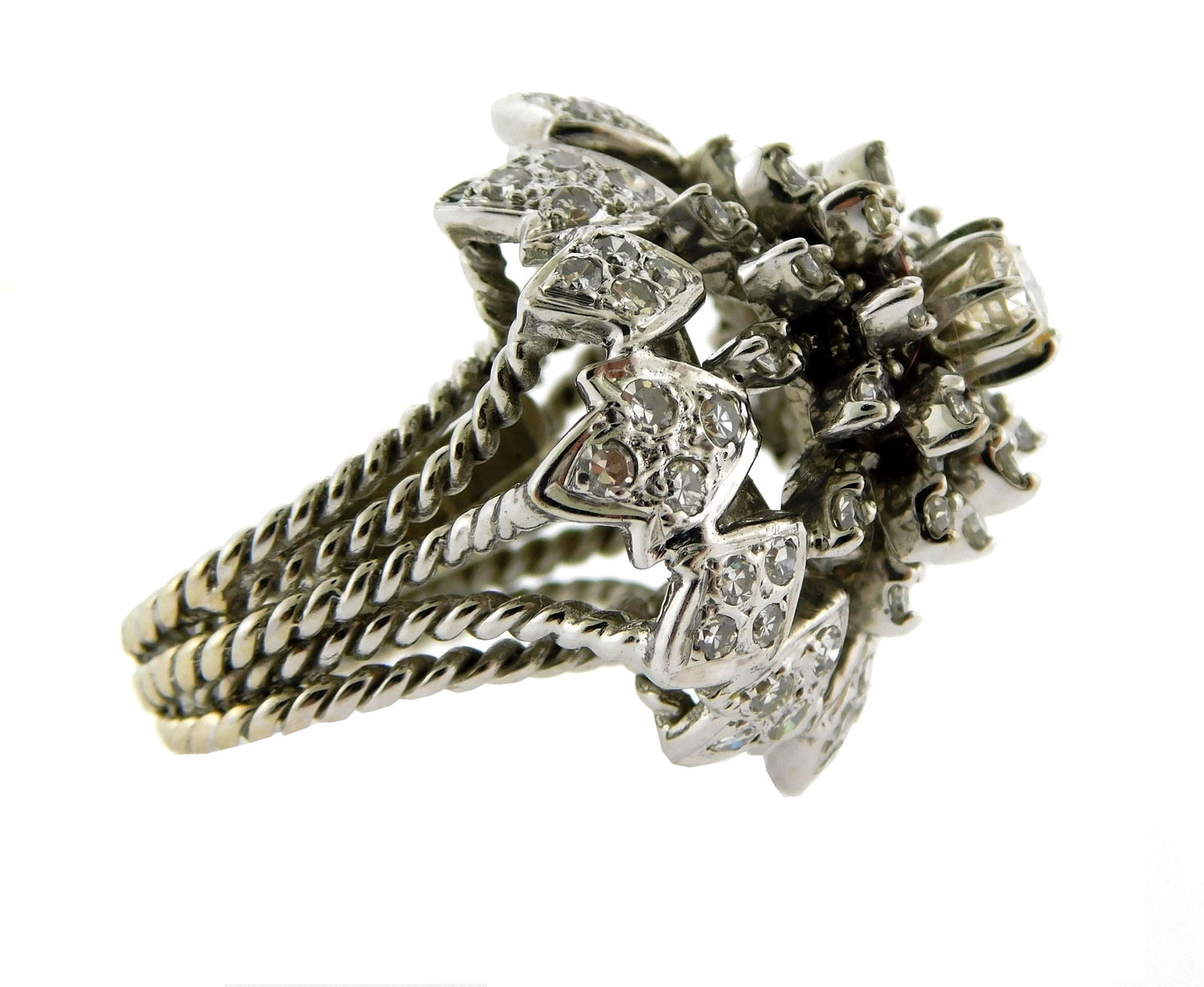 JEWELRY: Tested 14K white gold domed diamond cluster ring, measuring 28 mm across the top with a (1 of 4)