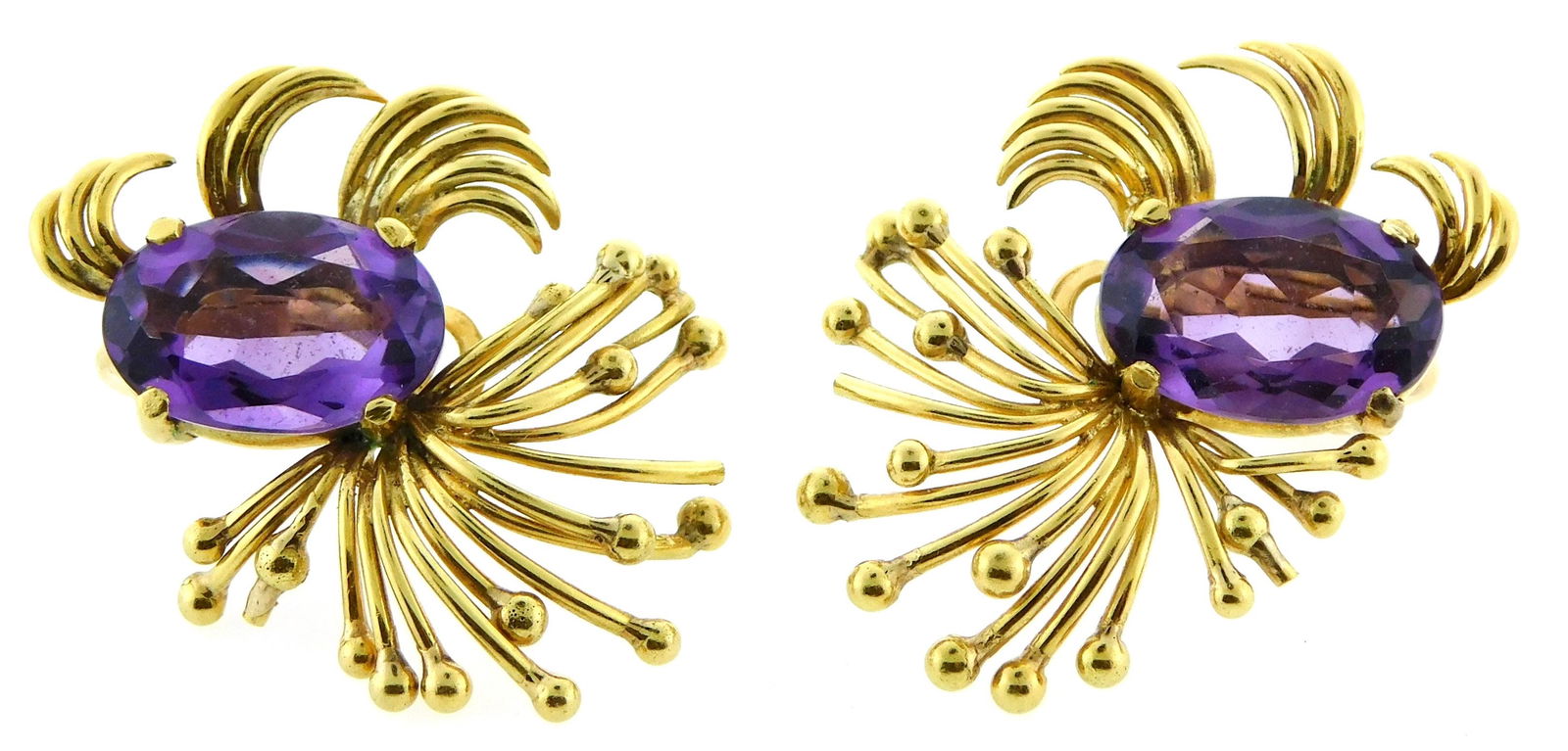 JEWELRY: Stamped 18K yellow gold Amethyst earrings with spray design, measuring 32.5 x 27.5 mm in (1 of 3)