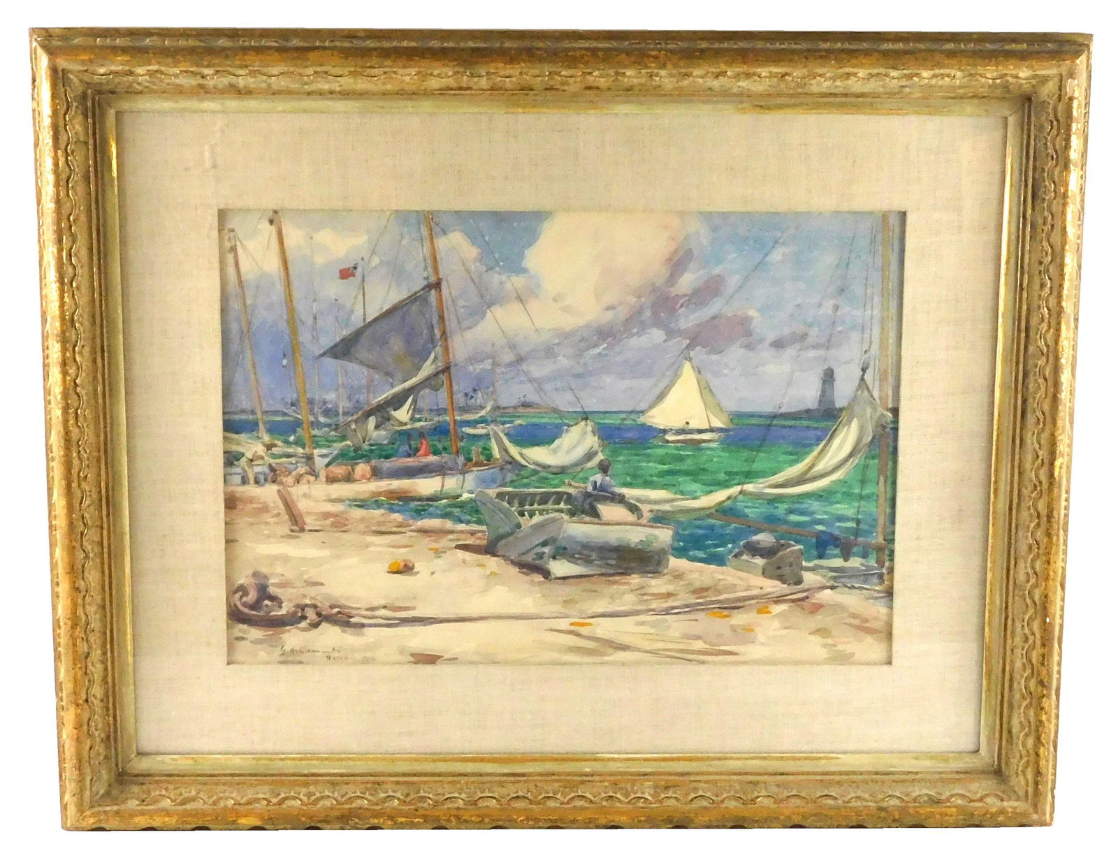 George Henry Clements (American, 1854 - 1935), "Nassau", 1913, framed watercolor of sailboats at (1 of 3)