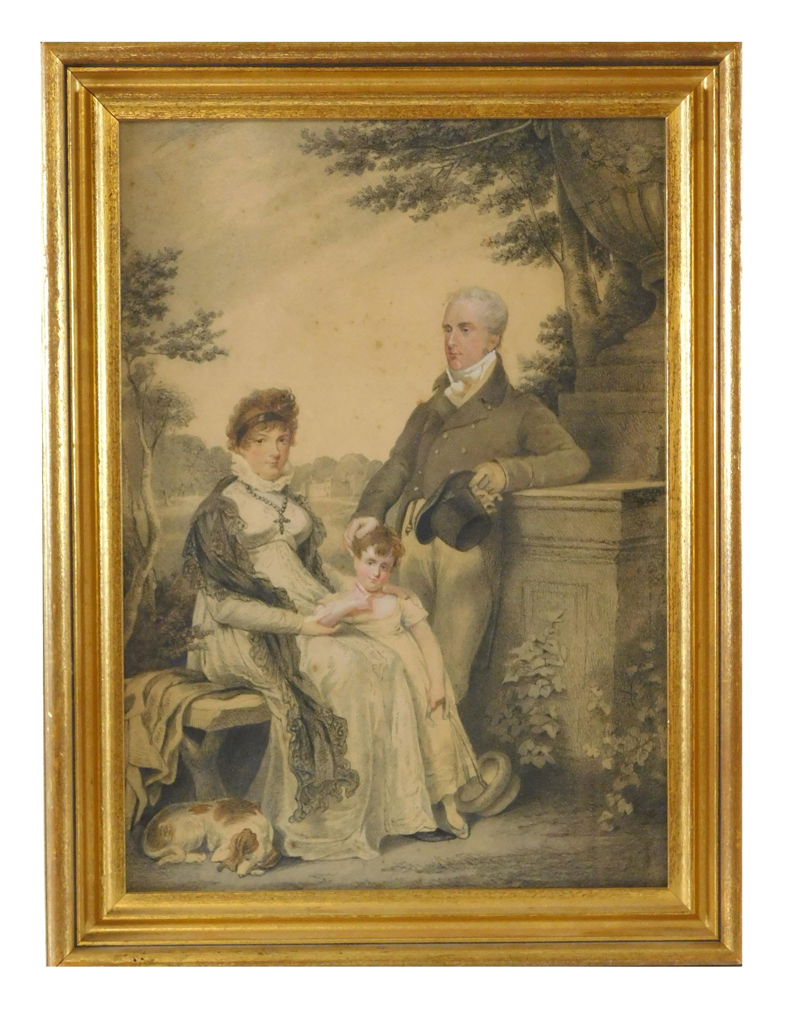 19th C. Family portrait in garden, English, charcoal and pastel on paper, depicts woman seated on (1 of 2)