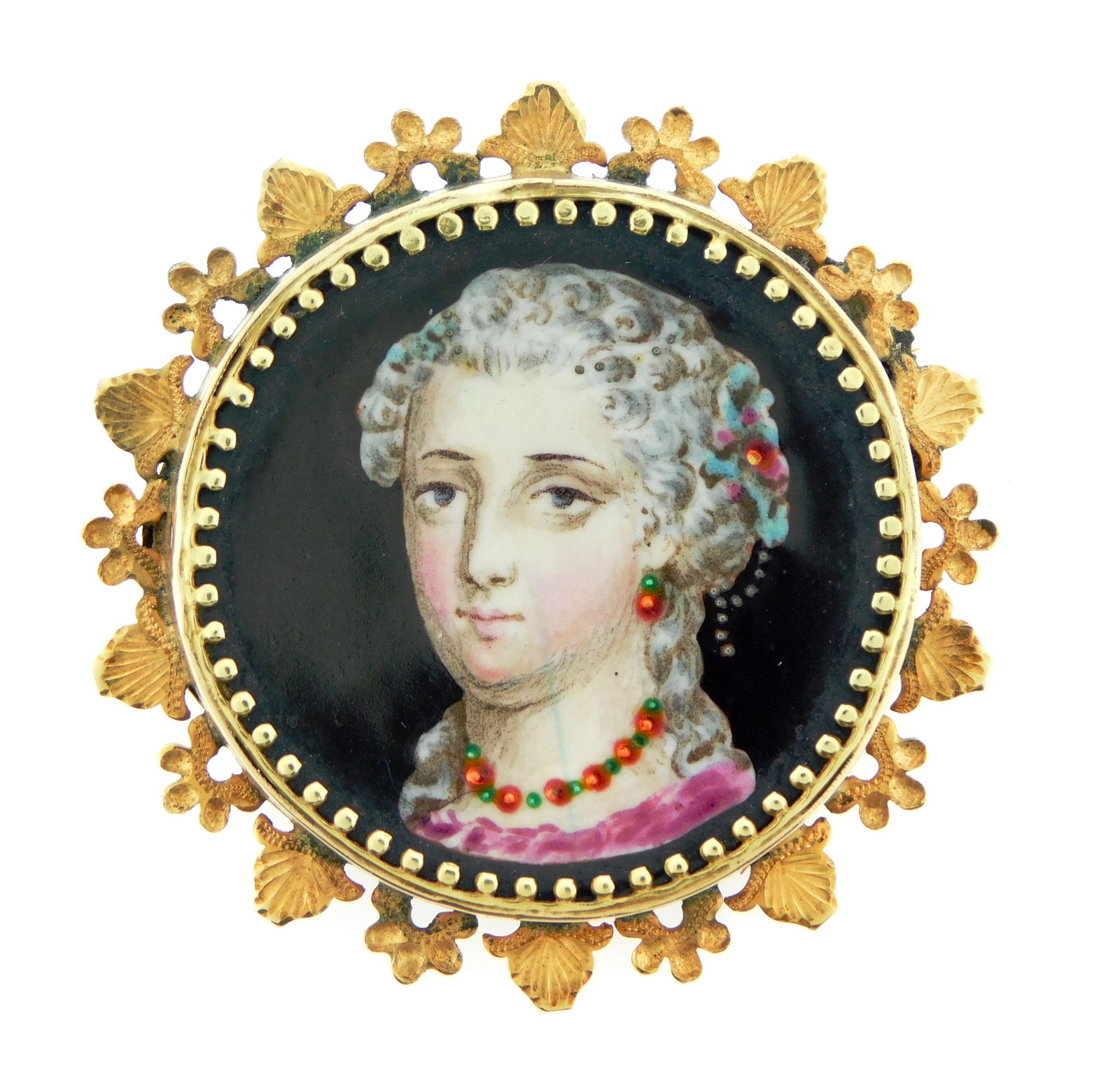 JEWELRY: Stamped 14K yellow gold miniature portrait brooch, measuring 1.5 inches in diameter, the (1 of 3)