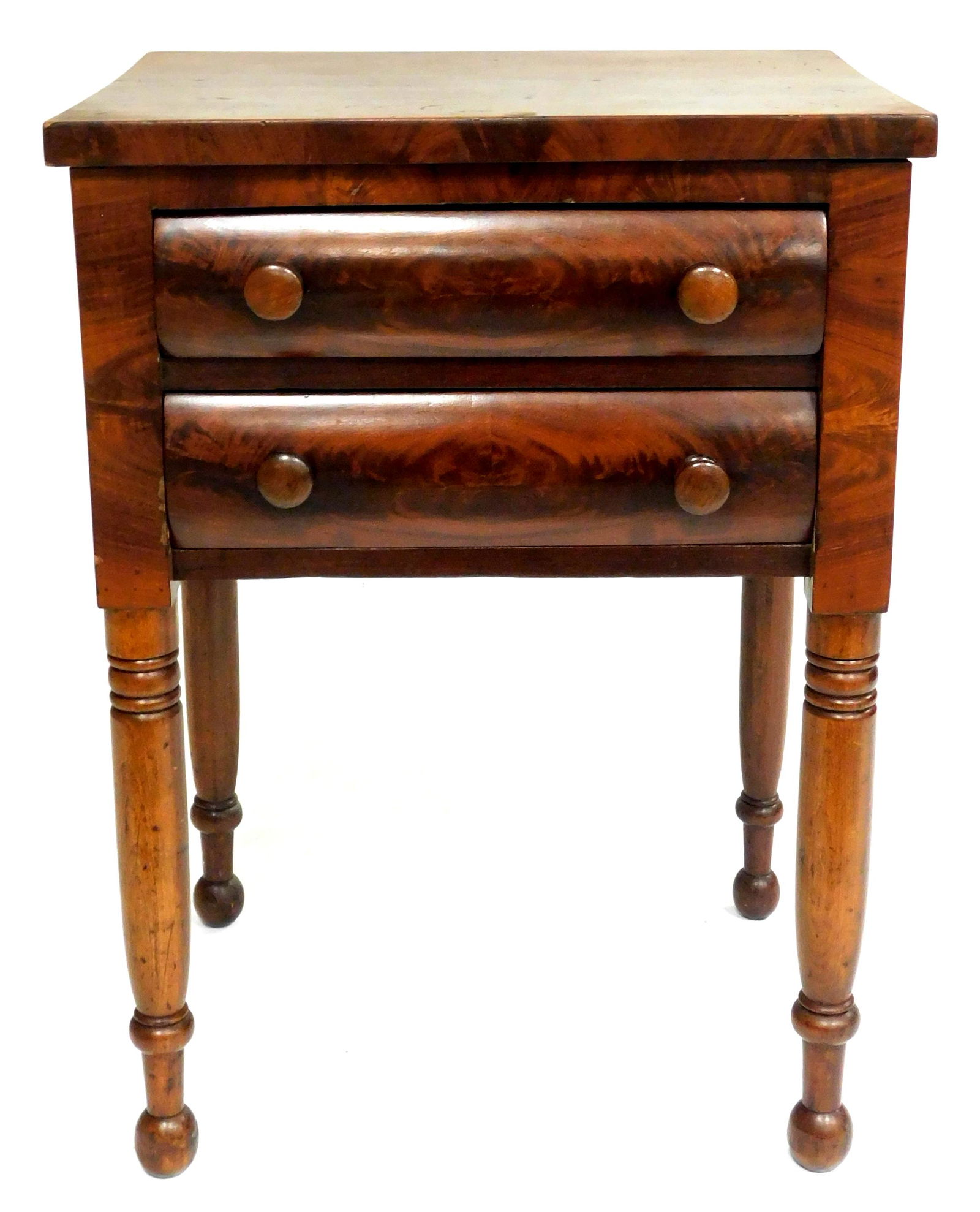 Two drawer stand, American, late Federal, two stacked drawers with bowed fronts and wood knobs, ring (1 of 4)