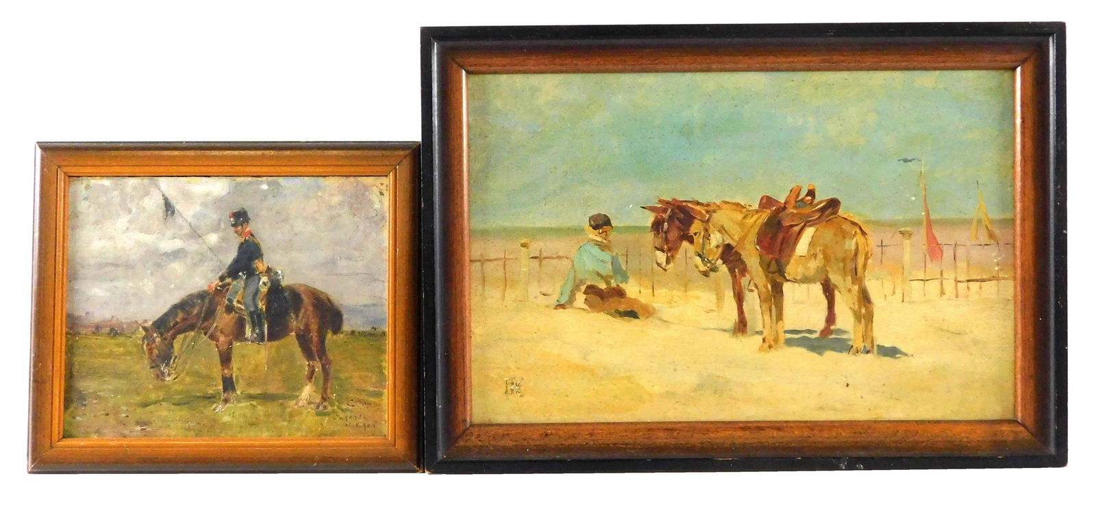 Two small signed/monogrammed oils on board: smaller with soldier on horseback, illegible signature (1 of 5)