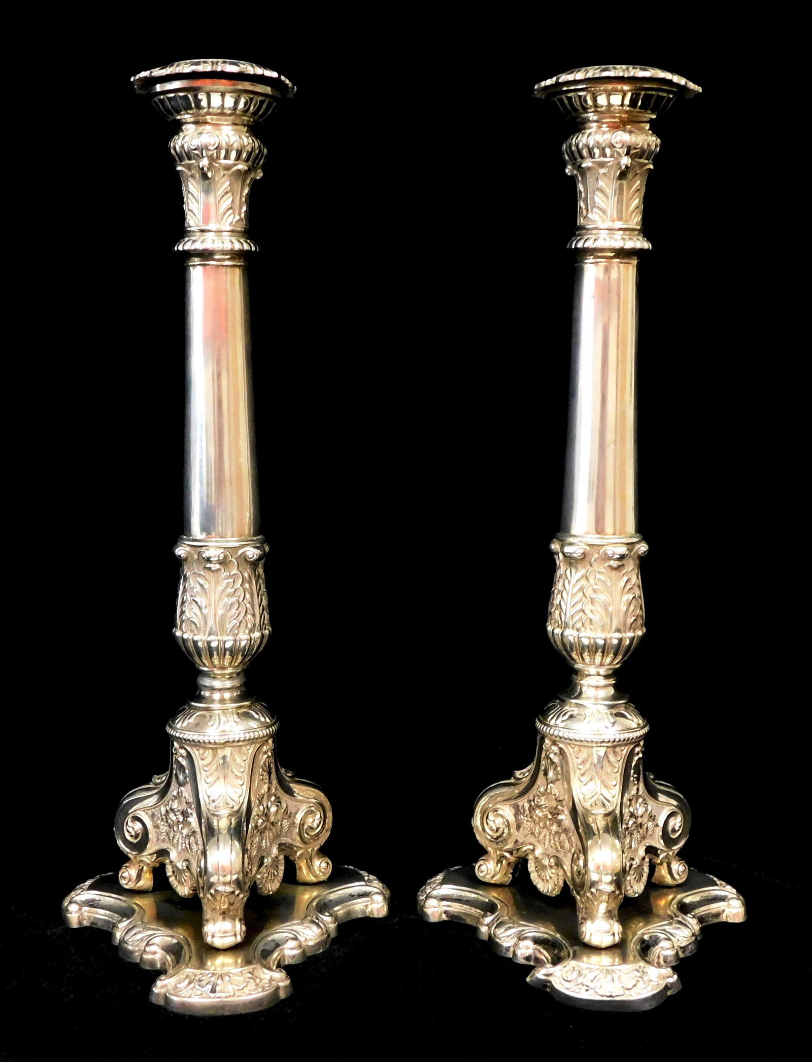 SILVER: German candlesticks, Rococo style, hallmarked "13" and "DU" on side of base, 13/16 parts (1 of 4)
