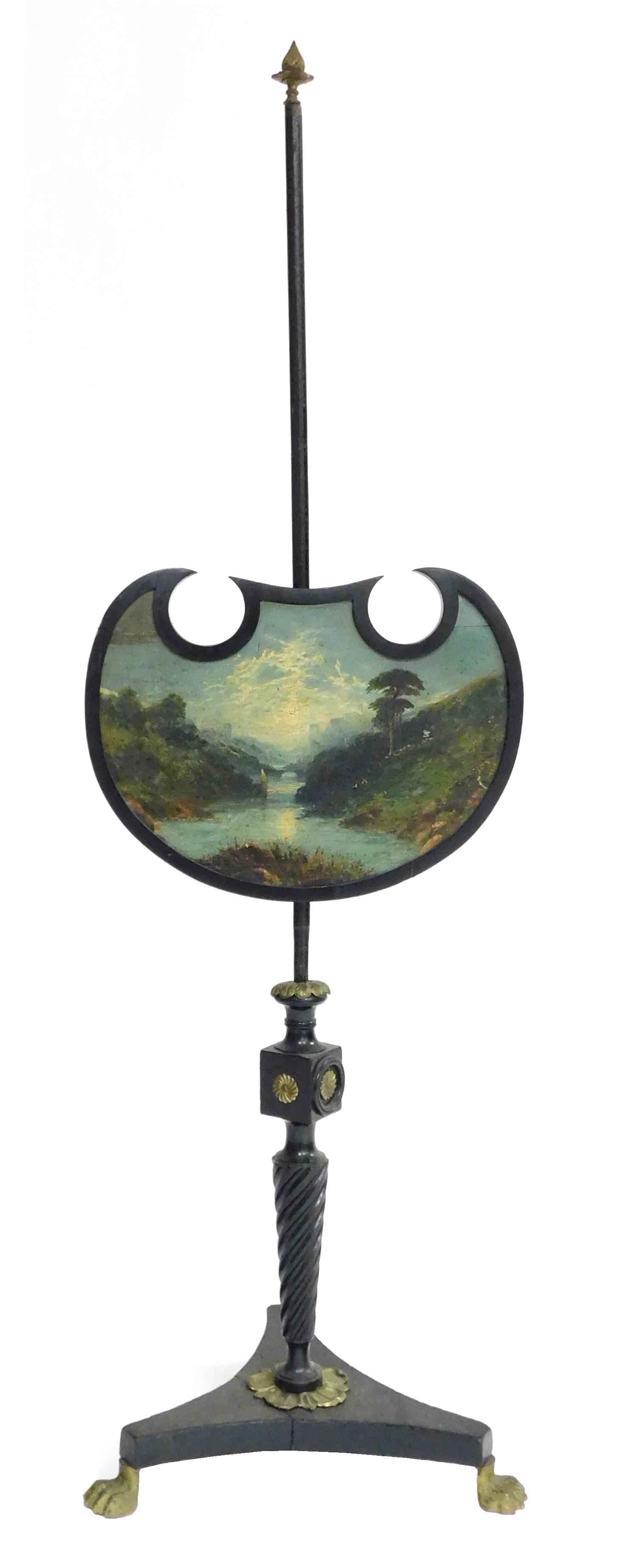 Fire screen, English, early 19th C., ebonized stand with hand painted summer landscape on shield (1 of 3)