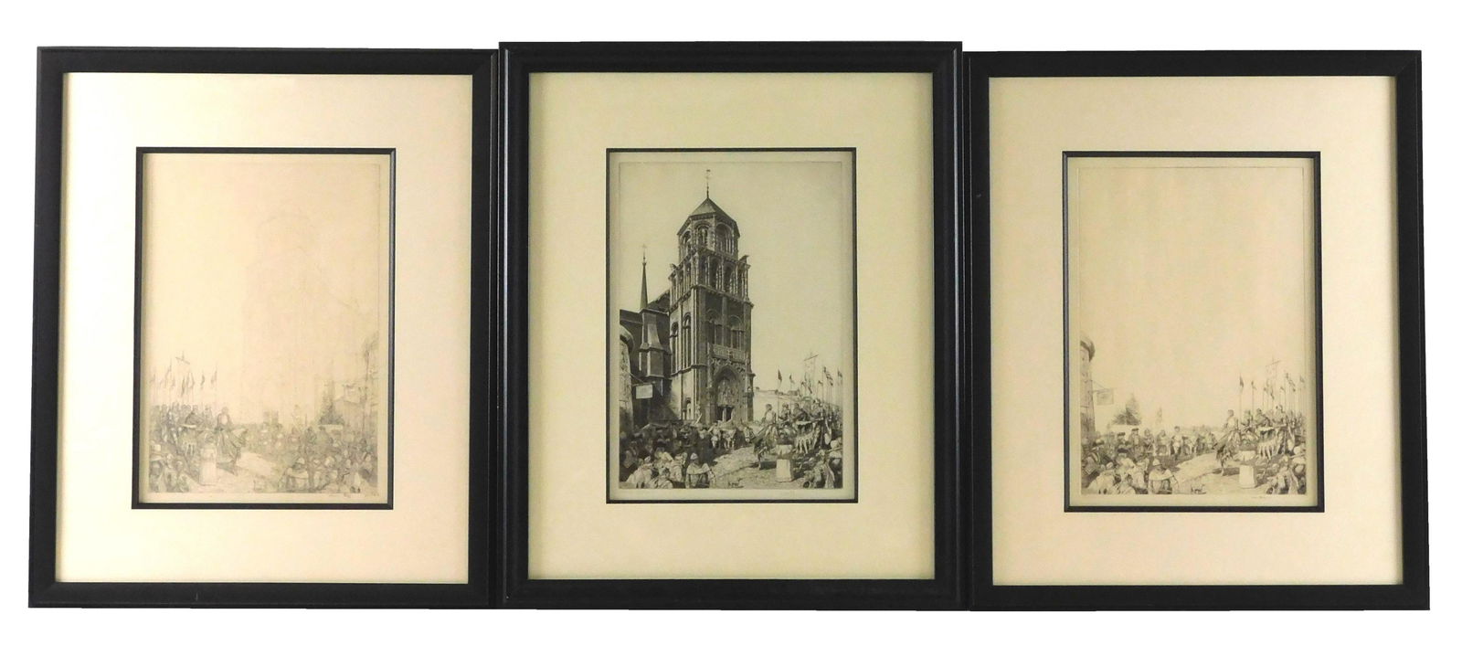 Three pieces by Kerr Eby, (American 1889 - 1946) all different versions of "Medieval Pageantry",: Three pieces by Kerr Eby, (American 1889 - 1946) all different versions of "Medieval Pageantry", including a pencil drawing, a trial proof, and an early pressing, all pencil signed lower right, framed