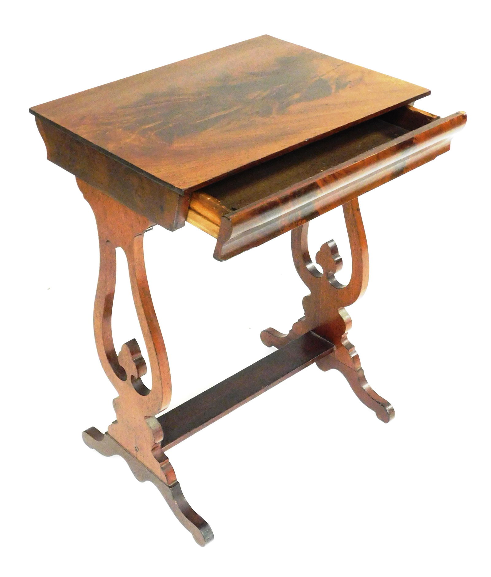 Mahogany and mahogany veneer stand, c. 1835 with double lyre pedestal base, single drawer, repairs, (1 of 4)