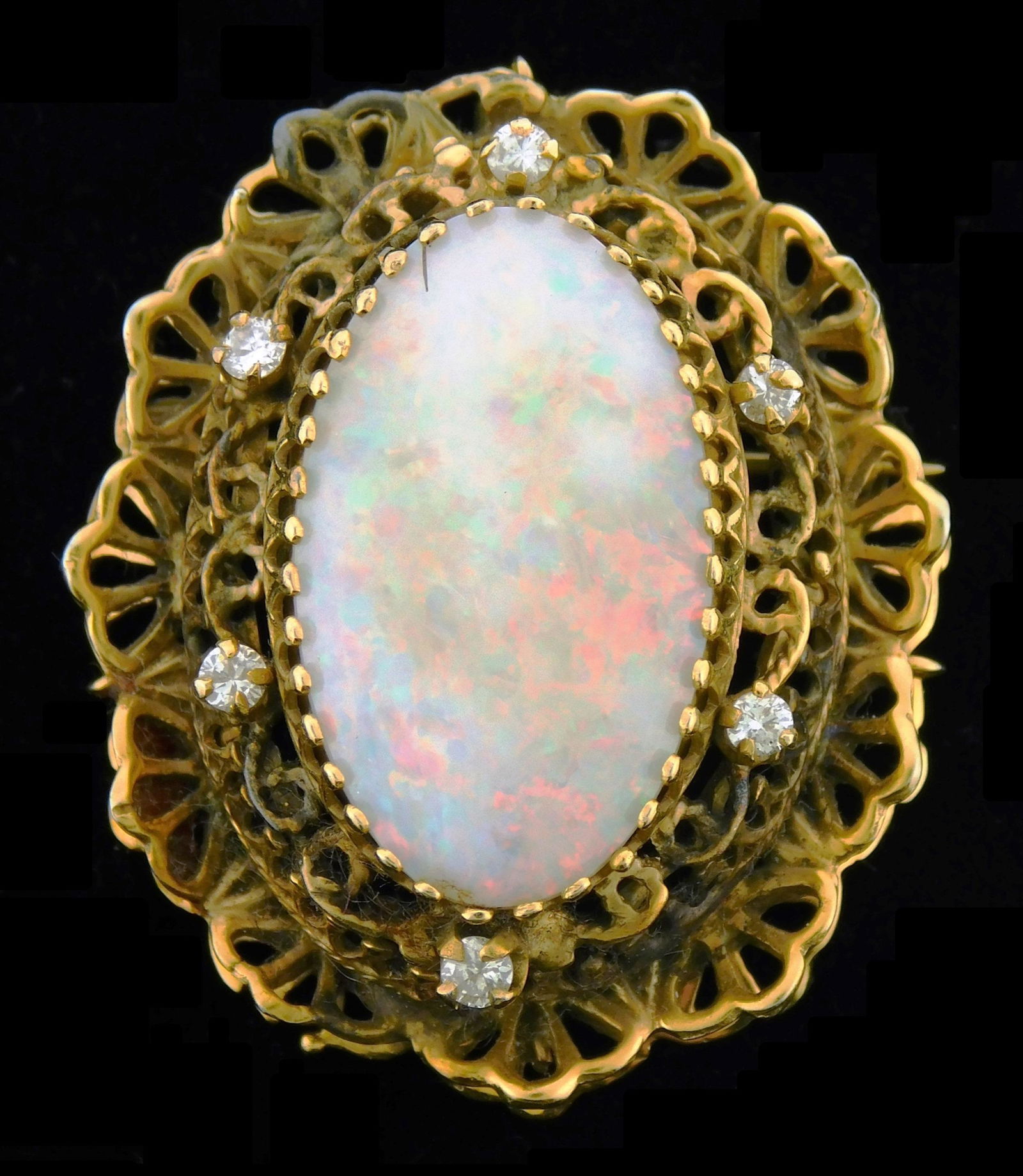 JEWELRY: Tested 14K yellow gold opal and diamond brooch with pendant option, measuring 1.5 x 1.25 (1 of 3)
