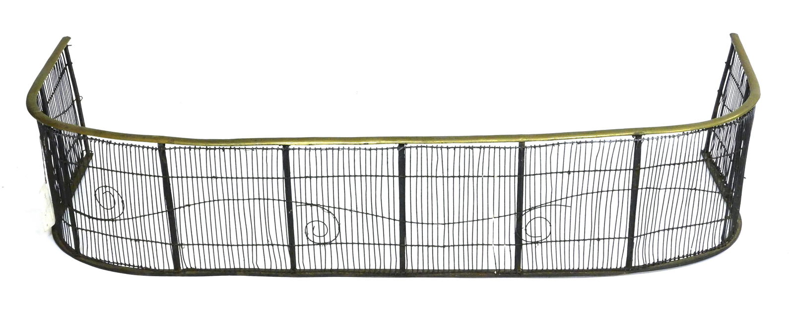 Fire fender, brass rail curved at corners over wire with scroll, some damages including to wire, 44" (1 of 3)