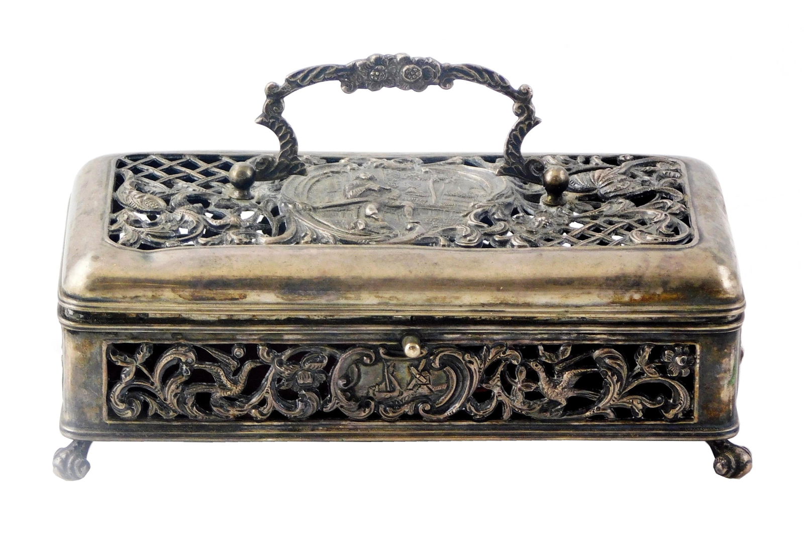 SILVER: Reticulated oblong silver box, Continental, with elaborate raised decoration including (1 of 4)