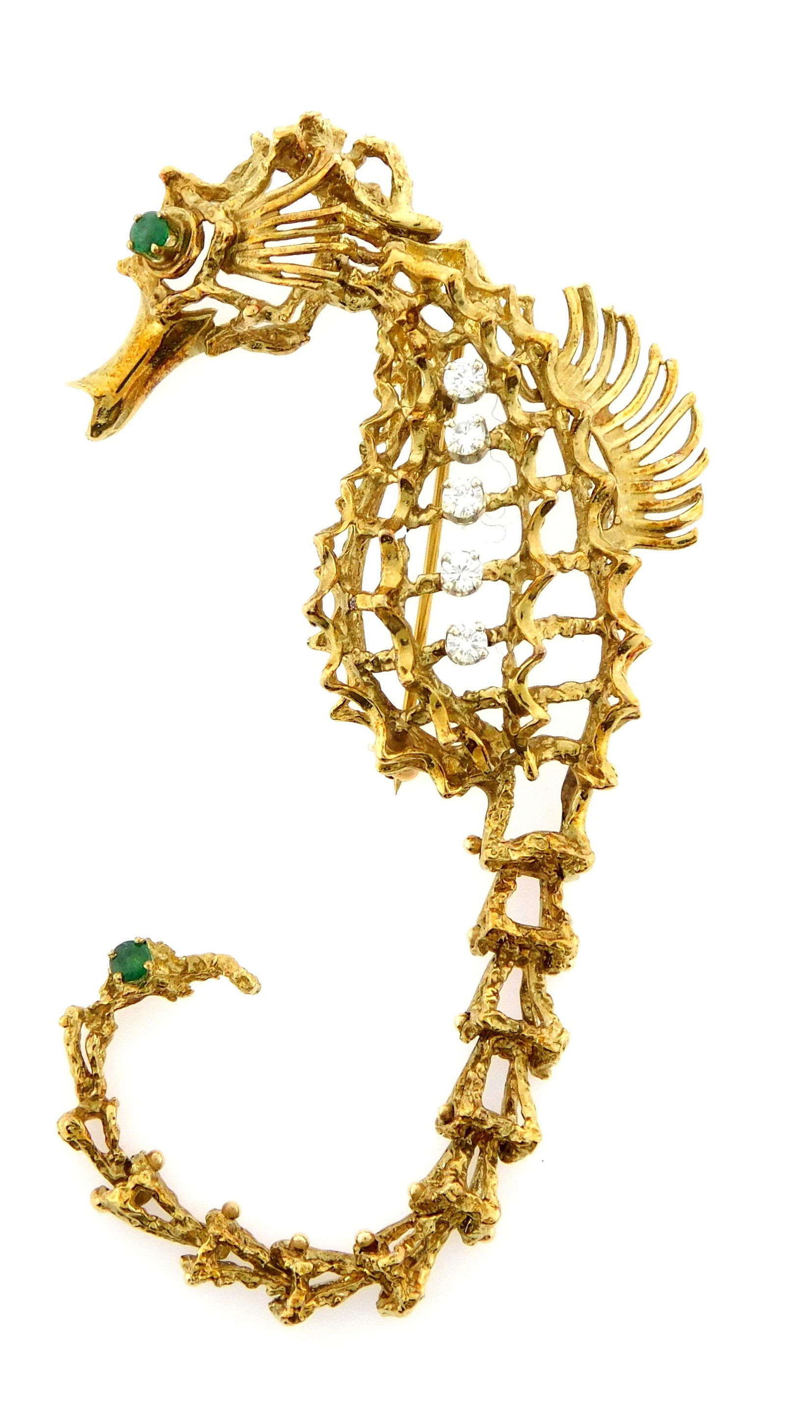 JEWELRY: Stamped 14K yellow gold diamond & emerald seahorse brooch, consisting of an openwork, (1 of 4)
