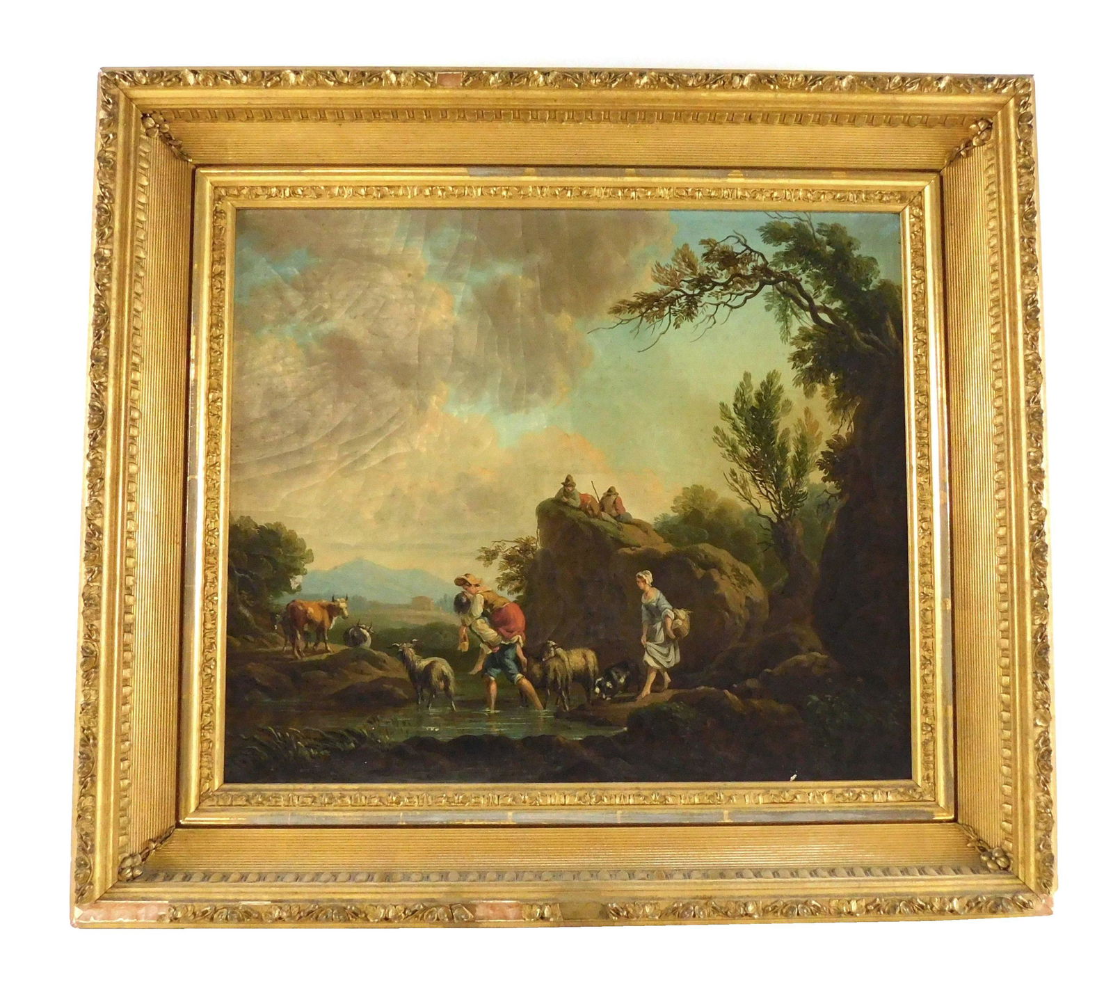Unsigned Continental pastoral scene, 19th C., oil on canvas, pastoral scene with cows, shepards, (1 of 4)