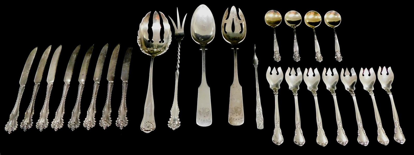 STERLING: Twenty plus pieces of misc. flatware, Gorham, etc, details include: eight fruit knives, 6 (1 of 5)