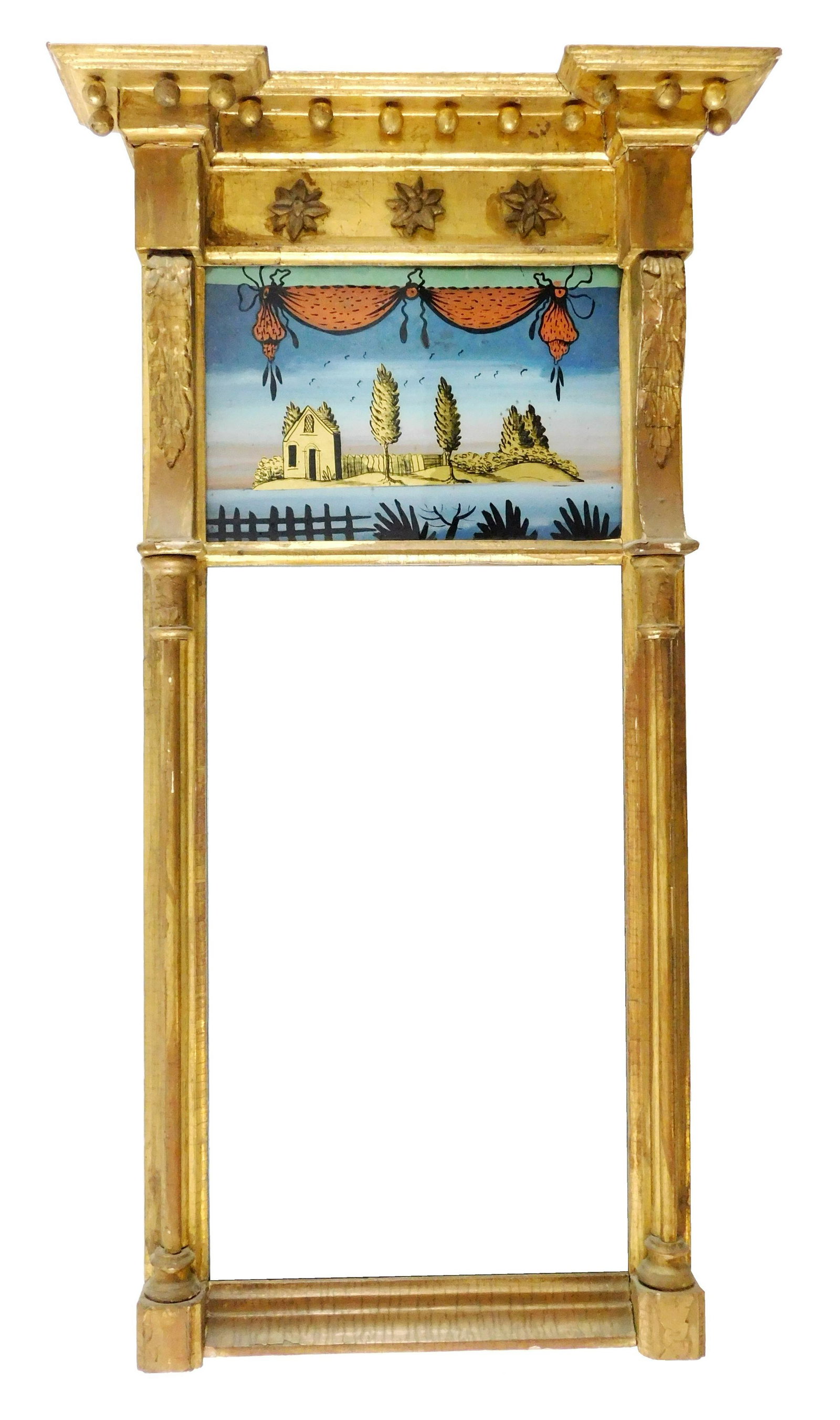 Wall mirror, two part gilt frame, projecting cornice, ball drops, eglomise panel with gold cottage: Wall mirror, two part gilt frame, projecting cornice, ball drops, eglomise panel with gold cottage and trees, loss/ repairs, sold as is, 34" h.
