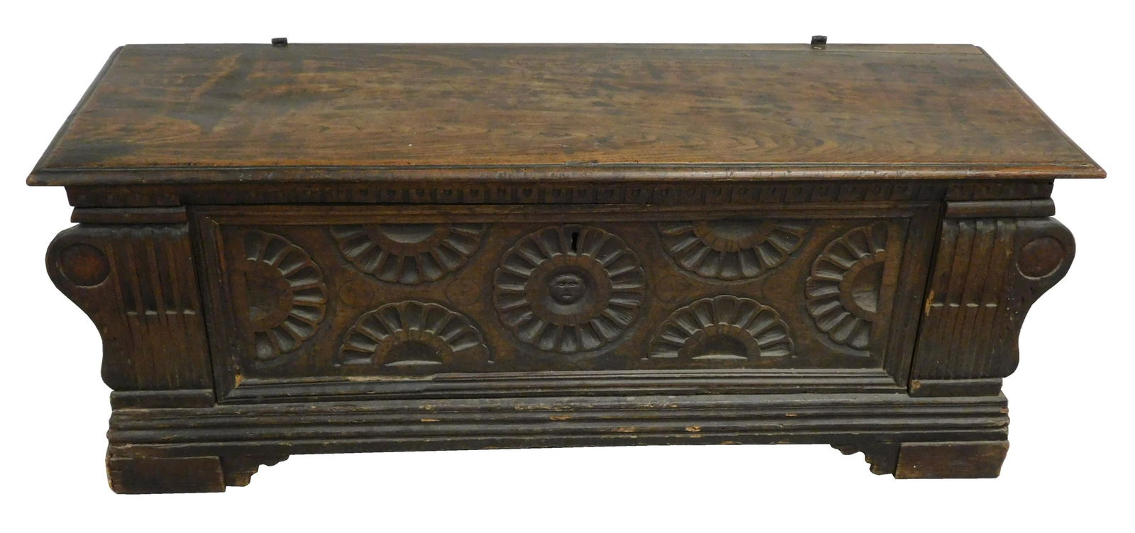 Early Continental cassone with early elements and restorations, sun/ floral medallion carvings to (1 of 5)