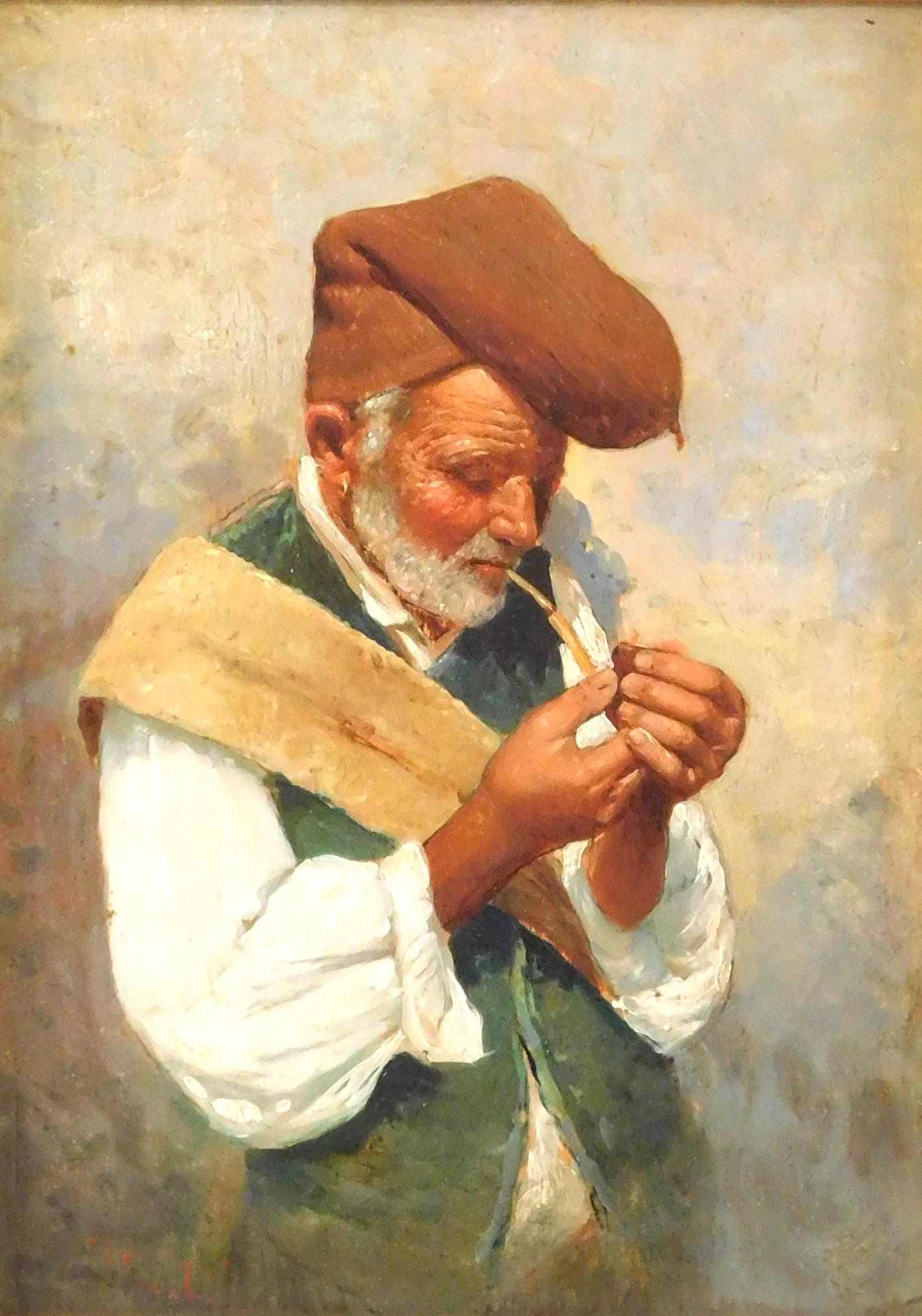 Oil on board of older gentleman in 19th C. attire, smoking a pipe and wearing brown knitted stocking (1 of 2)