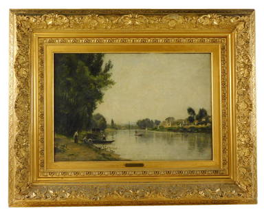 Stanislas Lépine (French, 1835 - 1892), "An Outing on the Seine", oil on canvas,: Stanislas Lépine (French, 1835 - 1892), "An Outing on the Seine", oil on canvas, Pre-Impressionist landscape, signed lower left, gilt wood frame with artist name plate, wear consistent with age