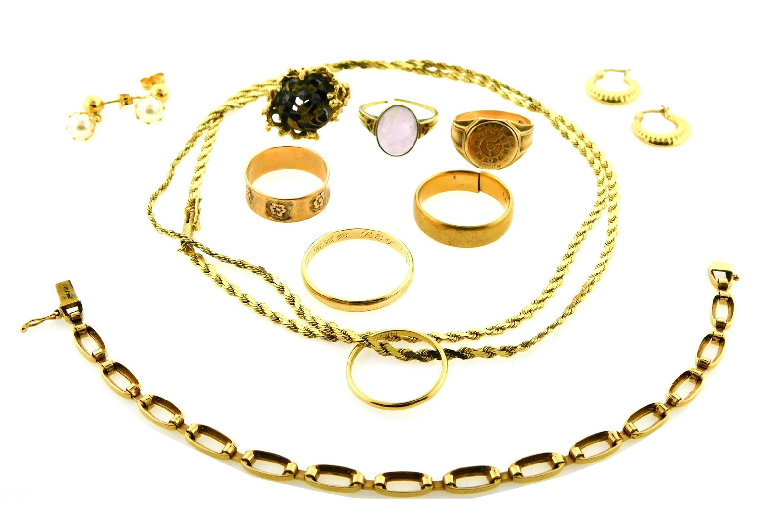 JEWELRY: Assorted gold, ten pieces, including: two 10K gold rings, one engraved floral band and one (1 of 2)